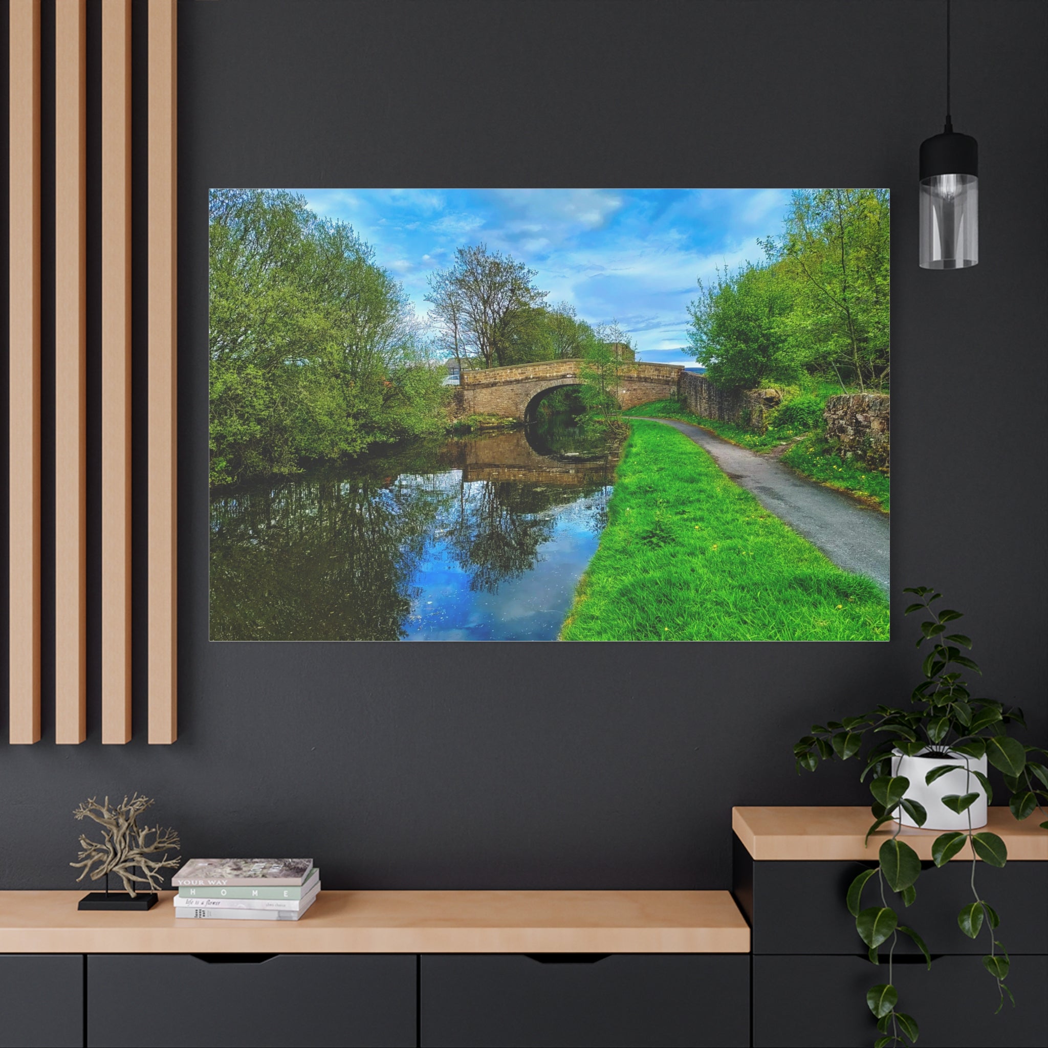 Countryside Canal Bridge Canvas Print Tranquil River Path Wall Art