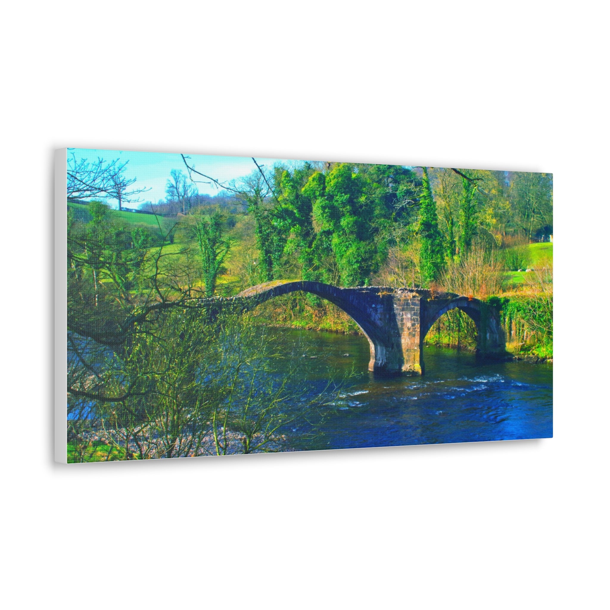 Scenic Stone Bridge Canvas Wall Art — River Landscape Print