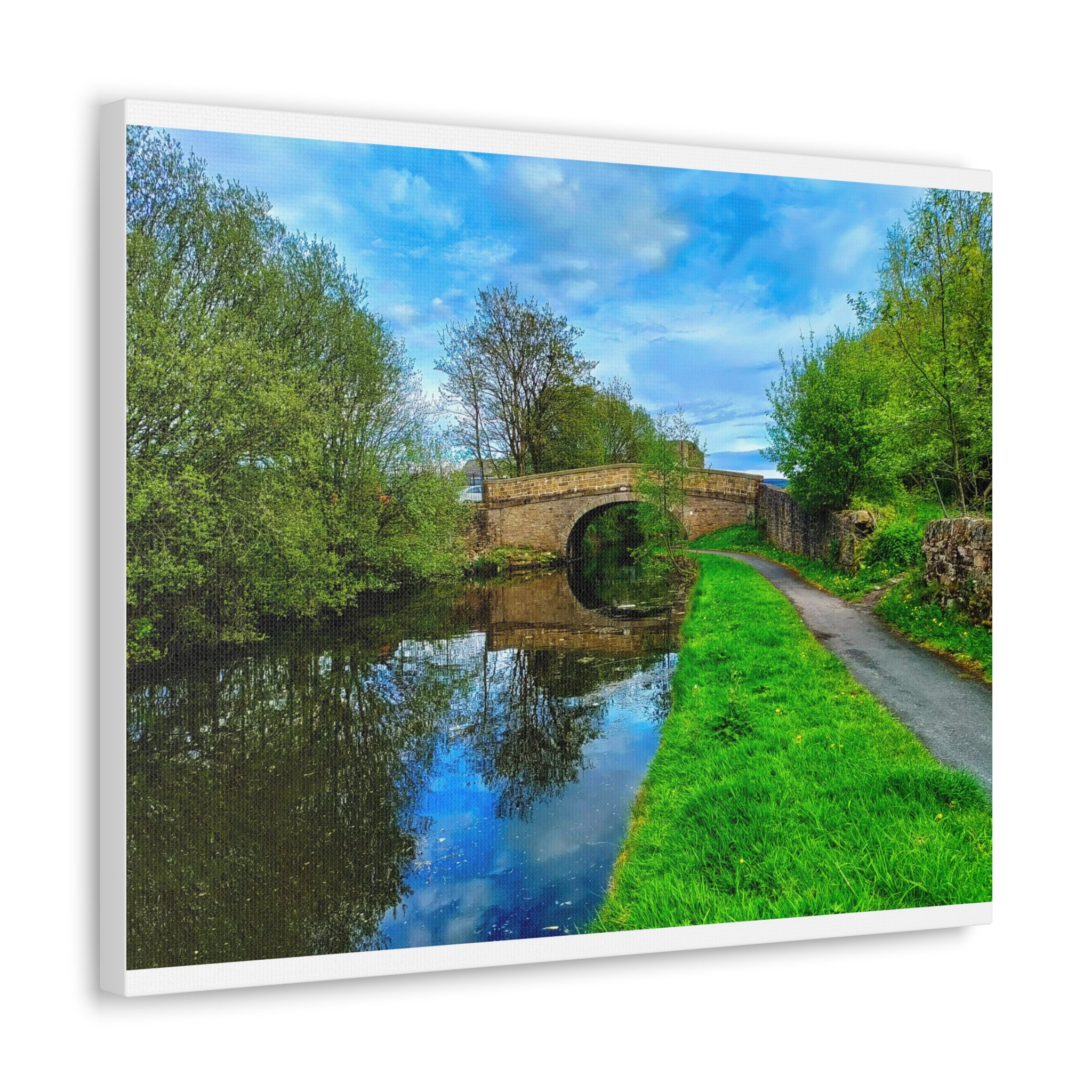 Countryside Canal Bridge Canvas Print Tranquil River Path Wall Art