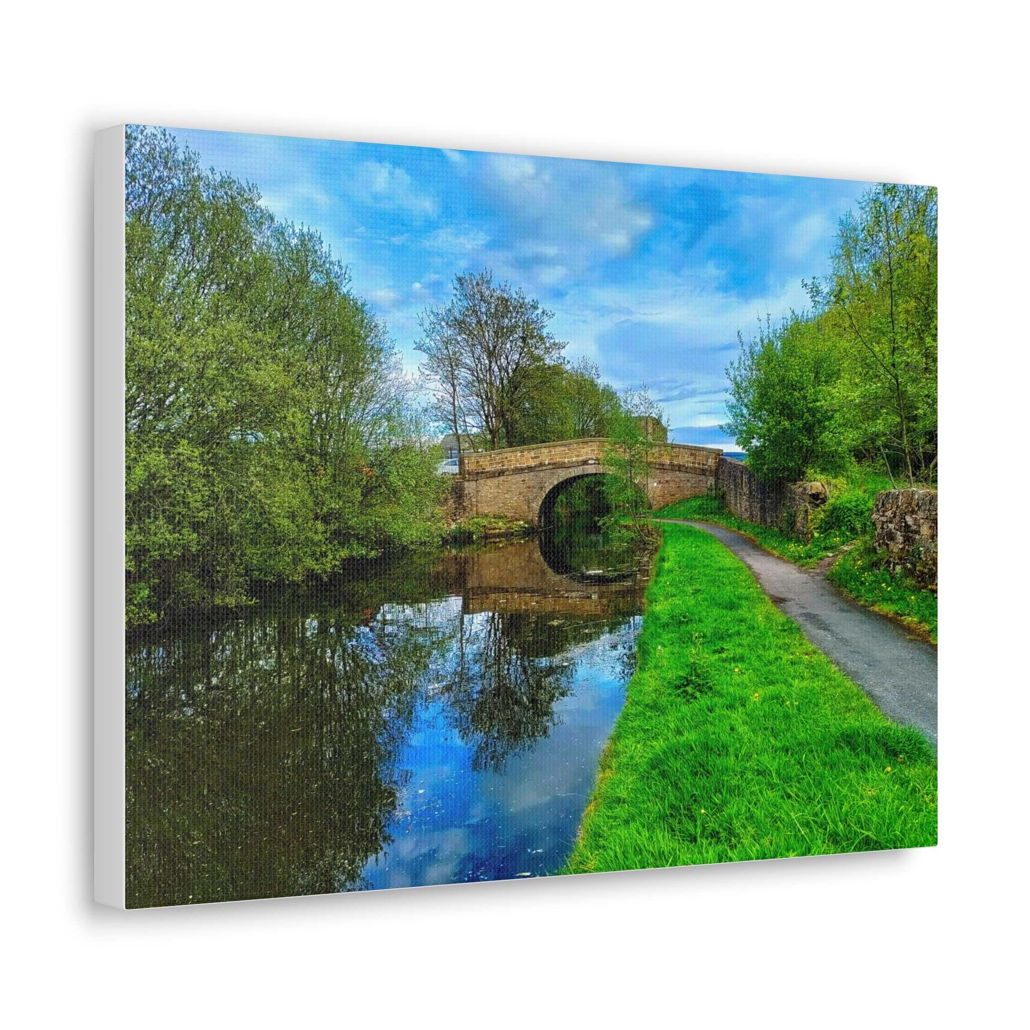 Countryside Canal Bridge Canvas Print Tranquil River Path Wall Art