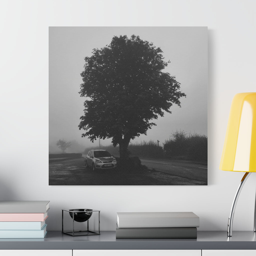 Black & White Foggy Tree Canvas Print — Moody Monochrome Wall Art