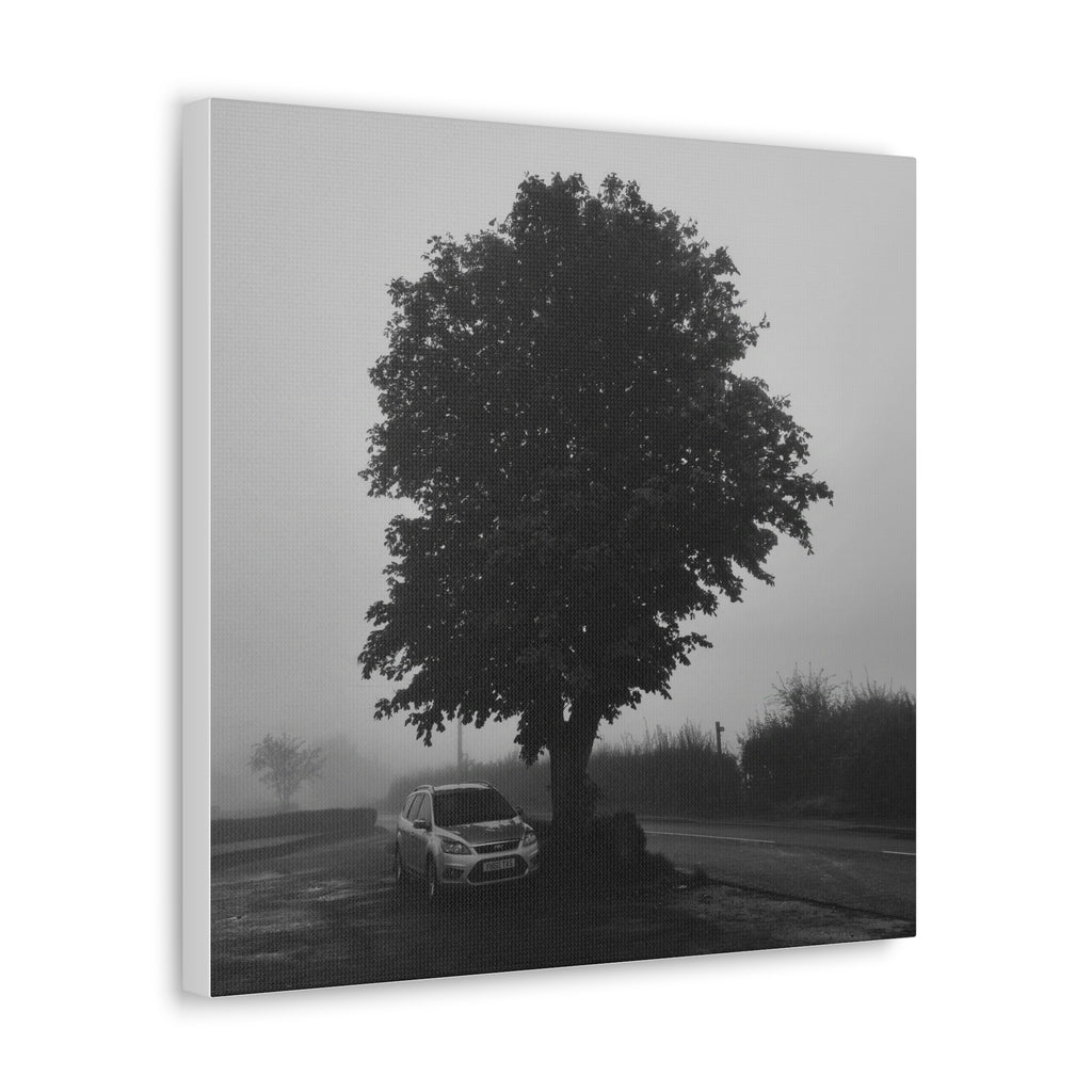 Black & White Foggy Tree Canvas Print — Moody Monochrome Wall Art
