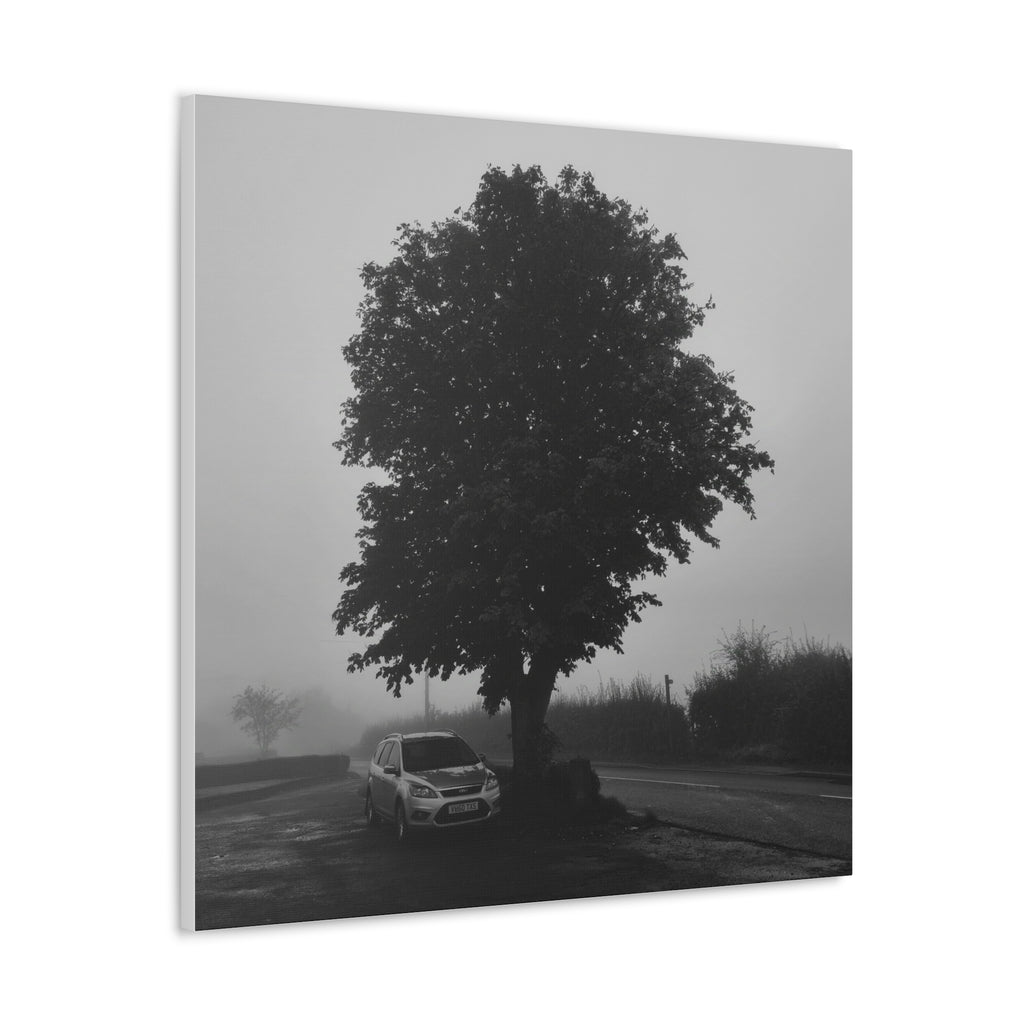 Black & White Foggy Tree Canvas Print — Moody Monochrome Wall Art