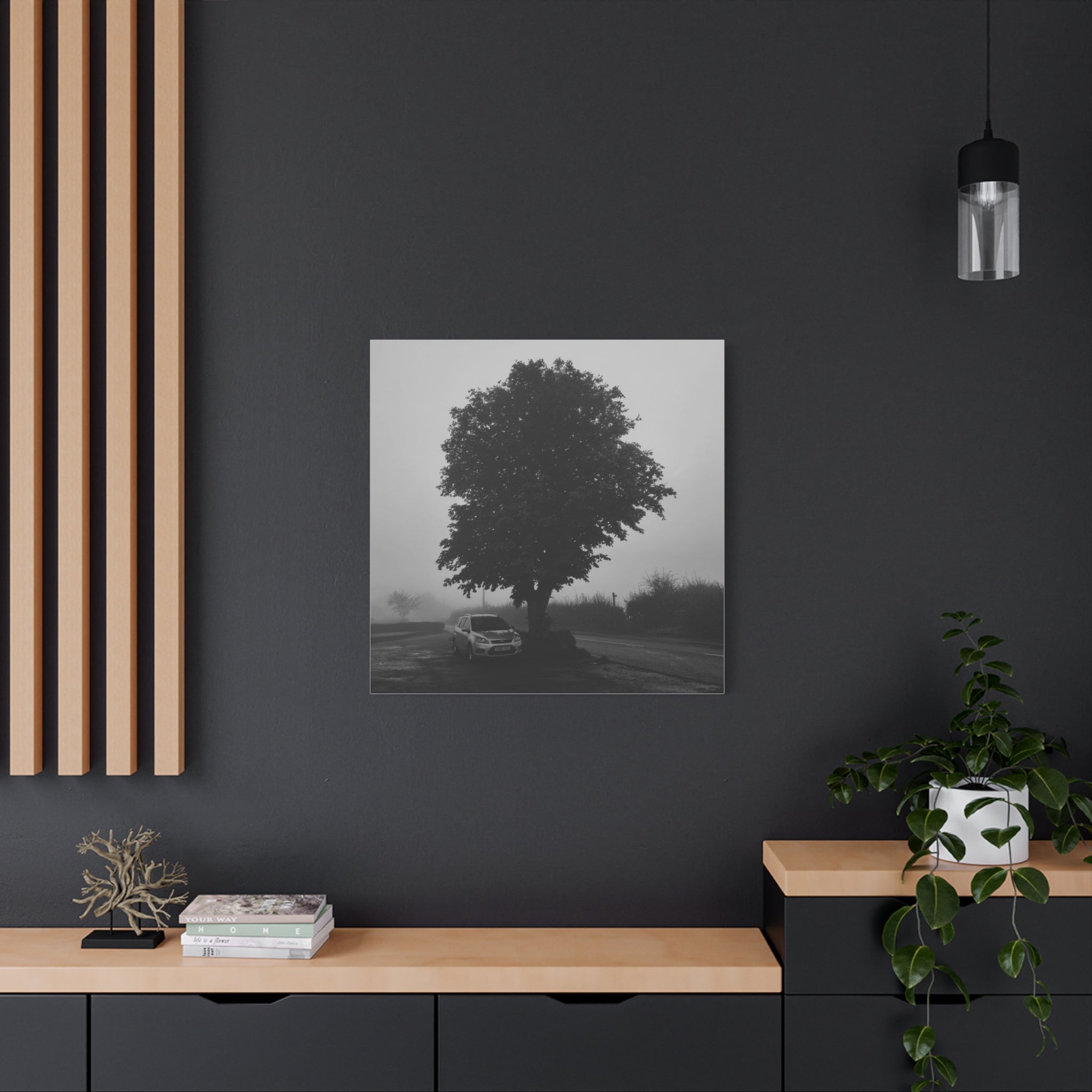 Black & White Foggy Tree Canvas Print — Moody Monochrome Wall Art