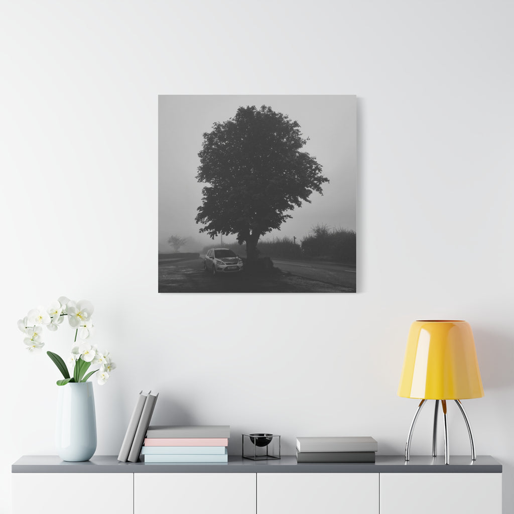 Black & White Foggy Tree Canvas Print — Moody Monochrome Wall Art