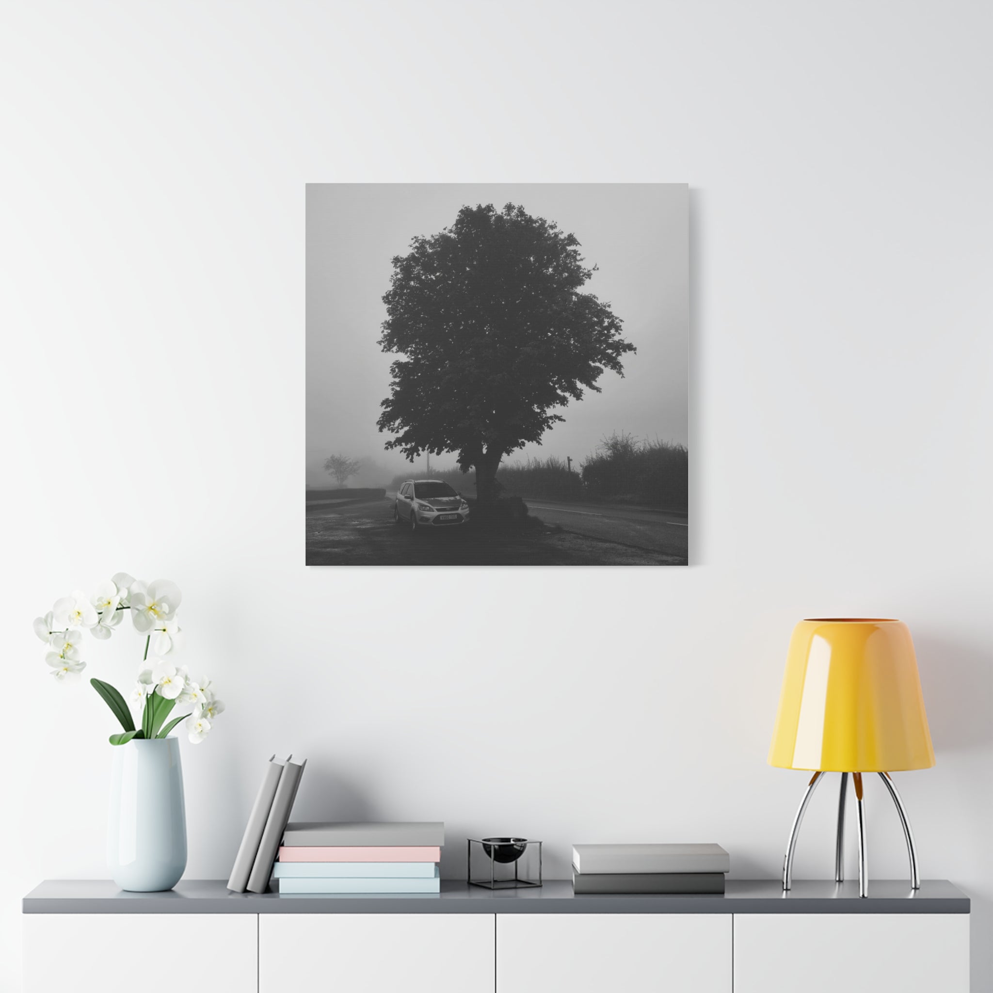 Black & White Foggy Tree Canvas Print — Moody Monochrome Wall Art