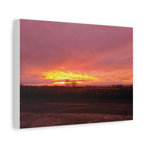Sunset Over Fields Matte Canvas Print — Vibrant Pink & Orange Landscape Wall Art