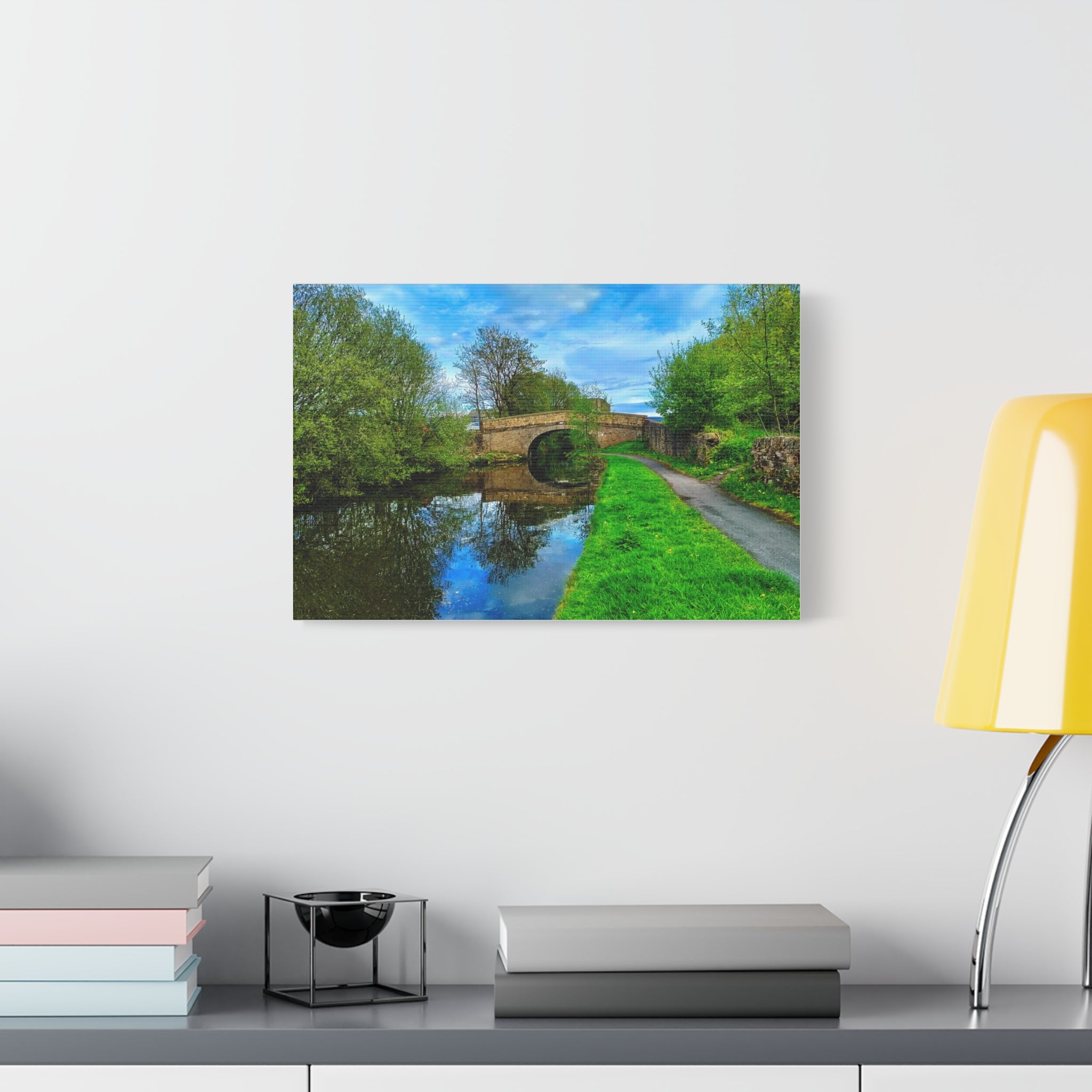 Countryside Canal Bridge Canvas Print Tranquil River Path Wall Art