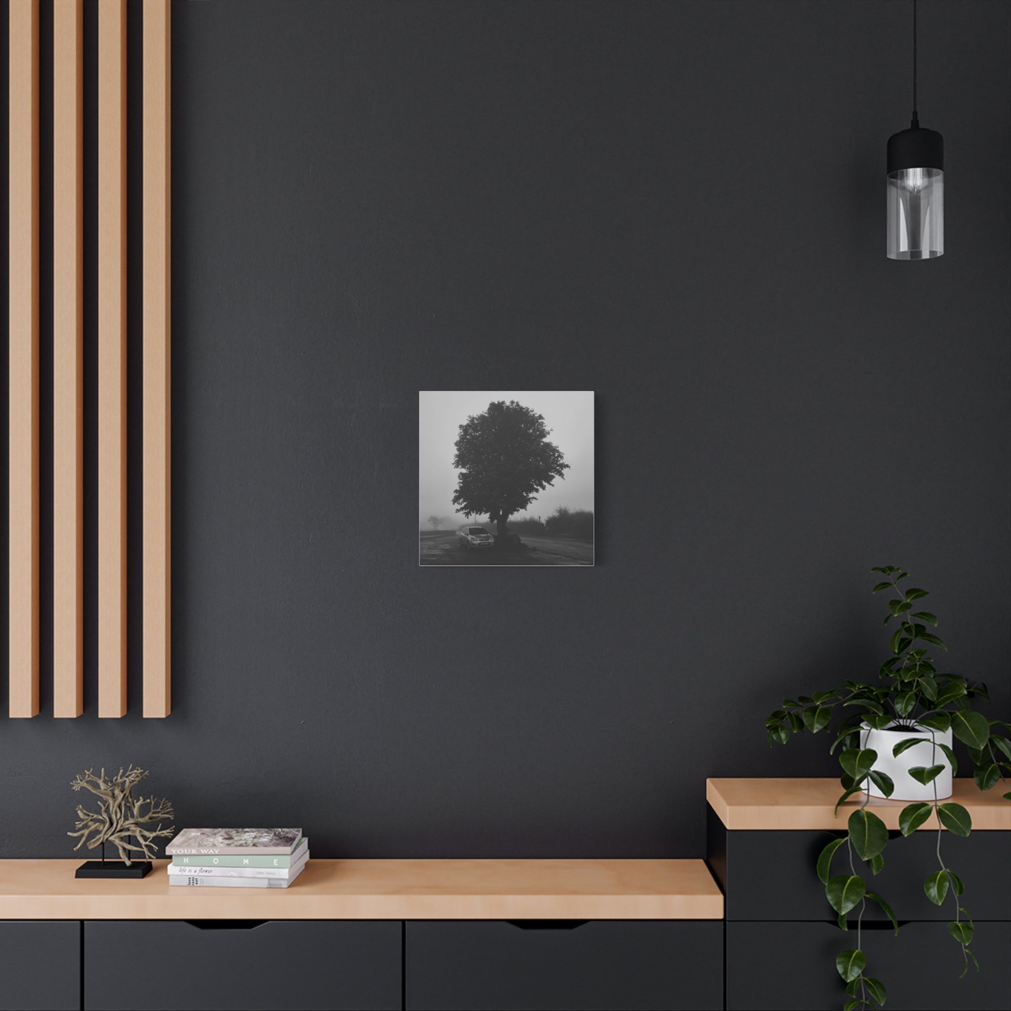 Black & White Foggy Tree Canvas Print — Moody Monochrome Wall Art