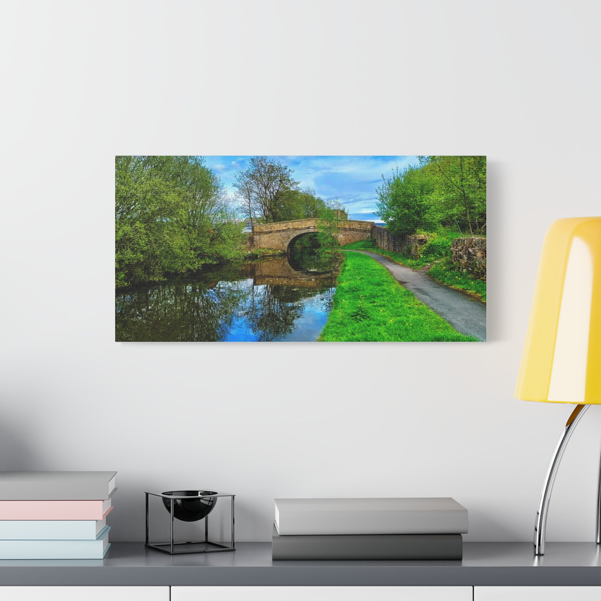 Countryside Canal Bridge Canvas Print Tranquil River Path Wall Art