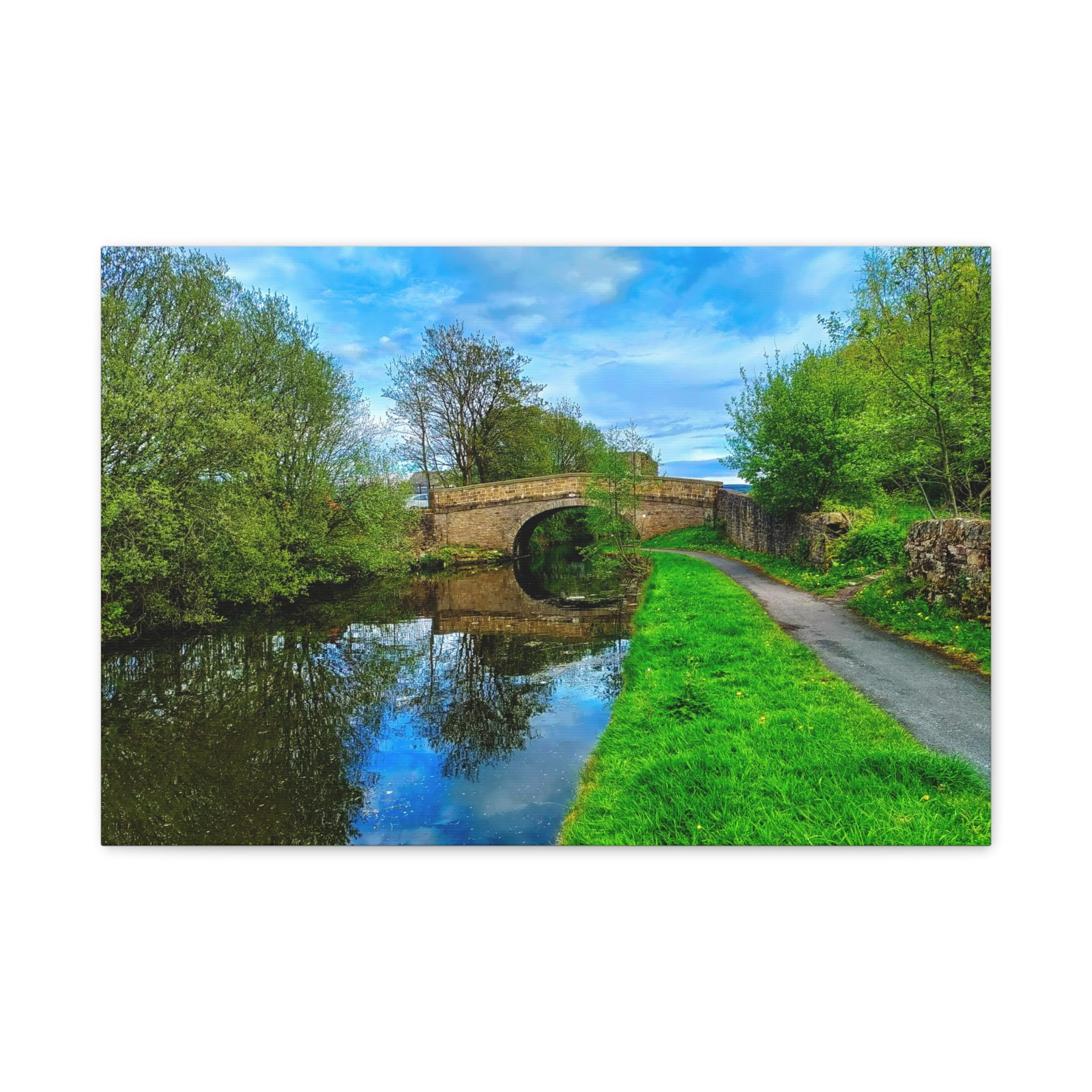 Countryside Canal Bridge Canvas Print Tranquil River Path Wall Art