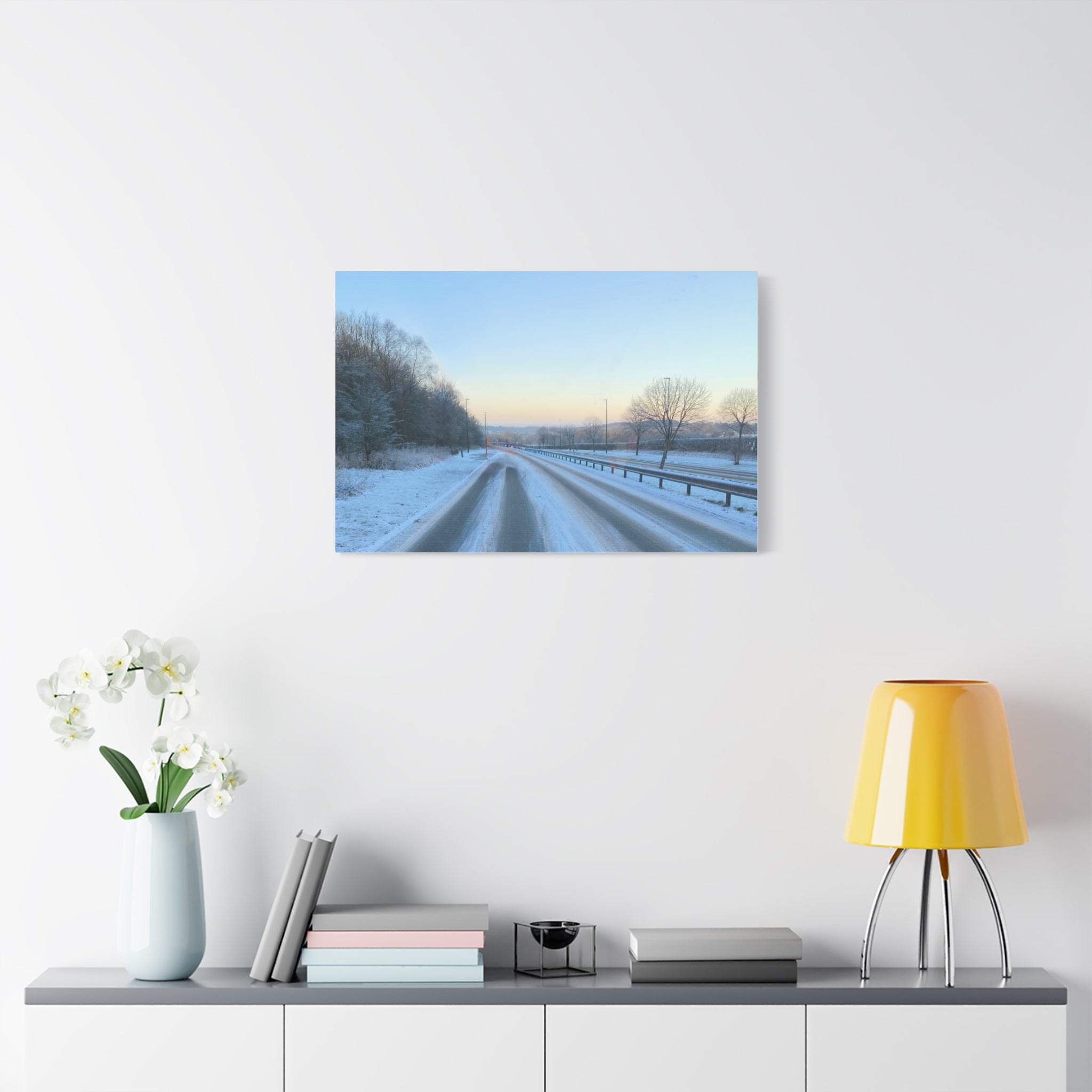Winter Road Canvas Print Snowy Sunrise Stretched Matte Wall Art