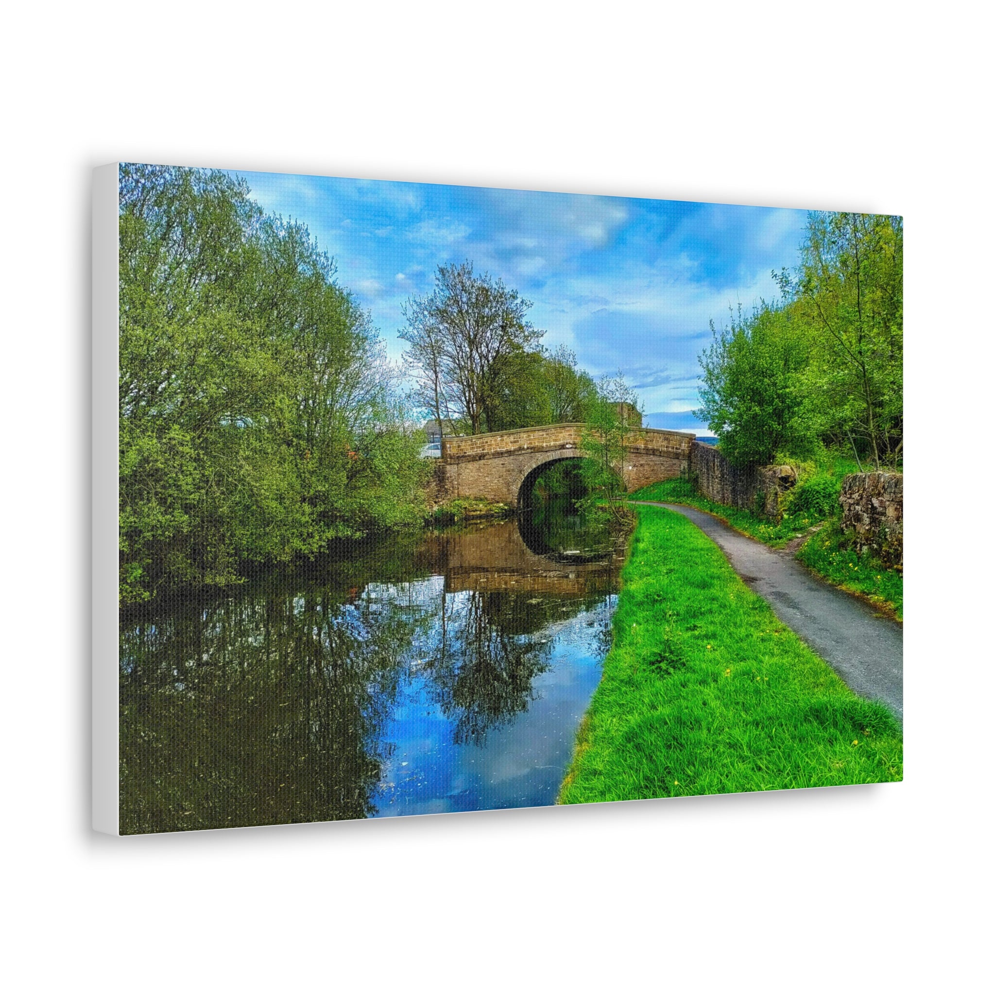 Countryside Canal Bridge Canvas Print Tranquil River Path Wall Art