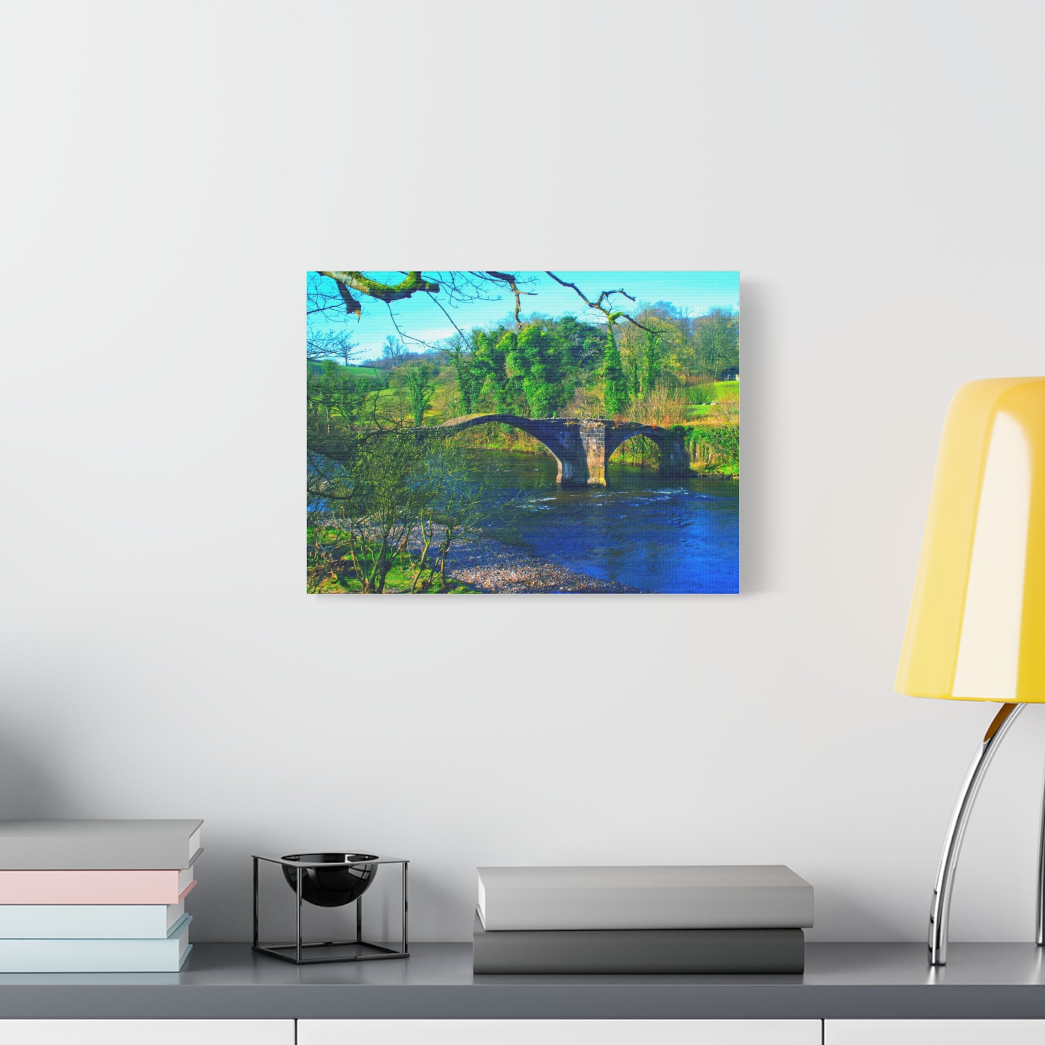 Scenic Stone Bridge Canvas Wall Art — River Landscape Print