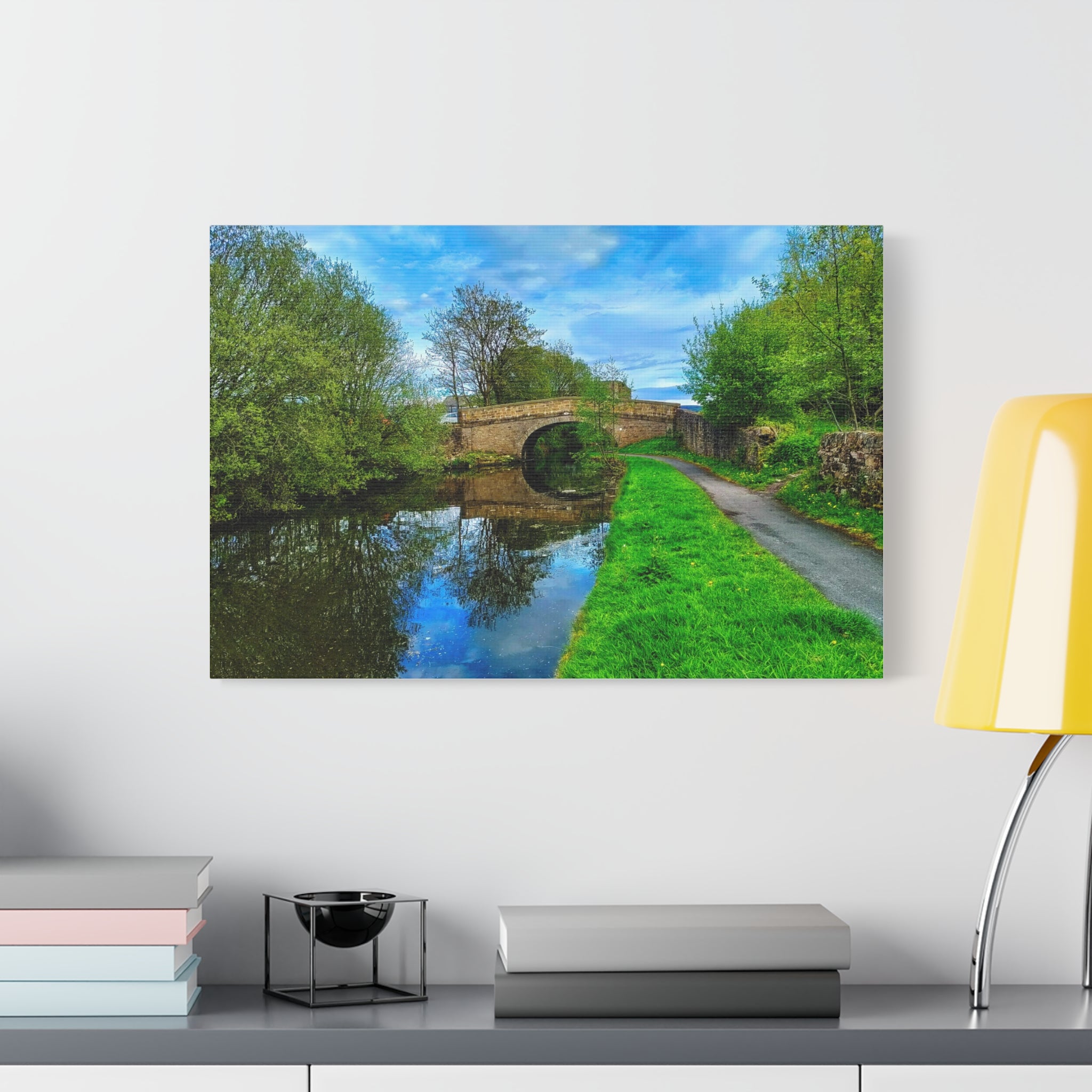 Countryside Canal Bridge Canvas Print Tranquil River Path Wall Art