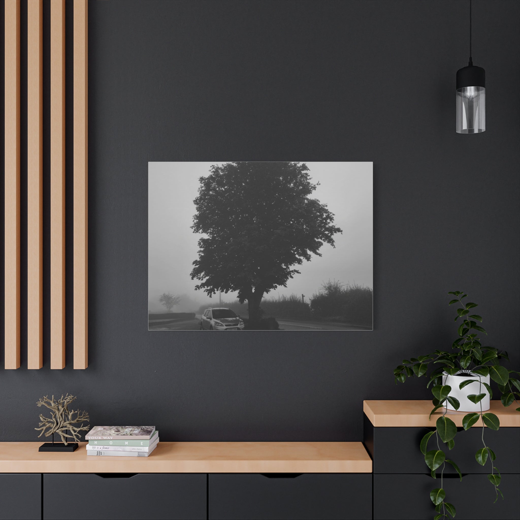 Black & White Foggy Tree Canvas Print — Moody Monochrome Wall Art