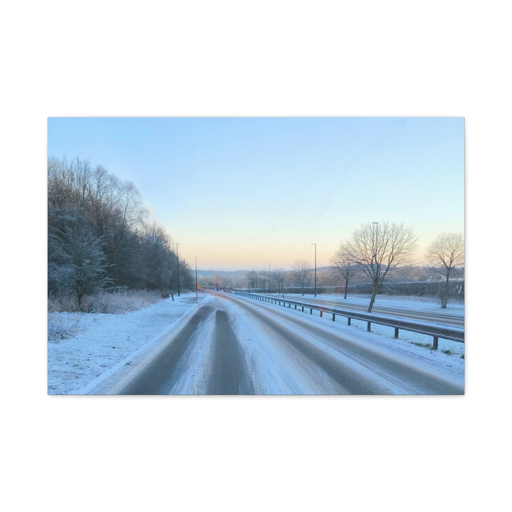 Winter Road Canvas Print Snowy Sunrise Stretched Matte Wall Art