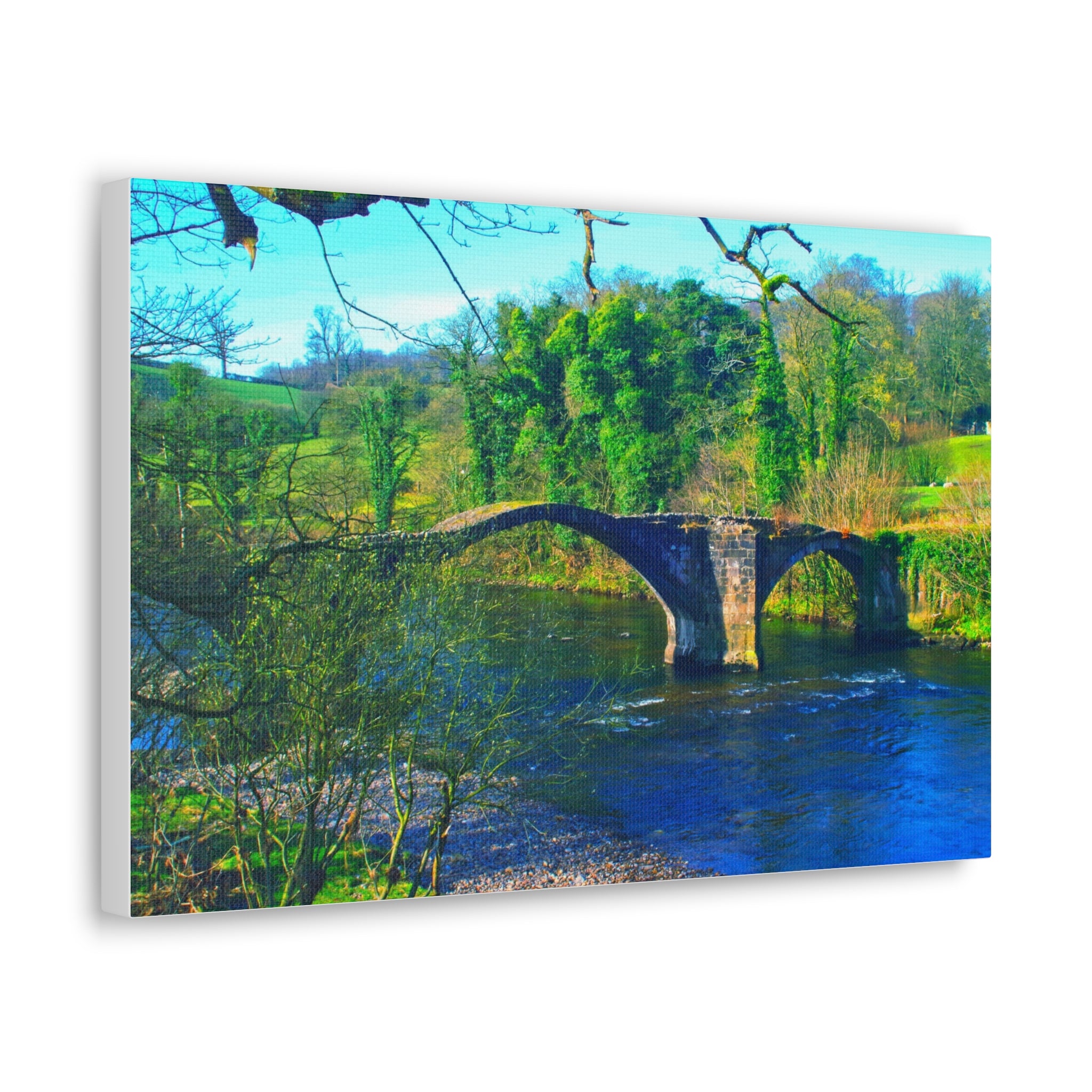 Scenic Stone Bridge Canvas Wall Art — River Landscape Print