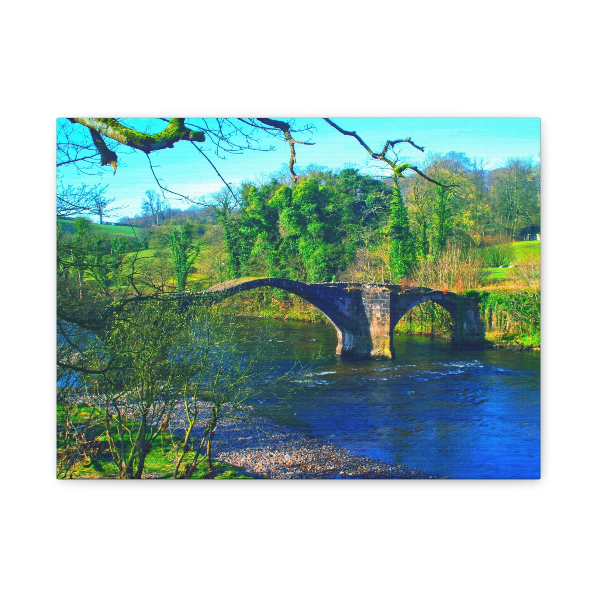 Scenic Stone Bridge Canvas Wall Art — River Landscape Print