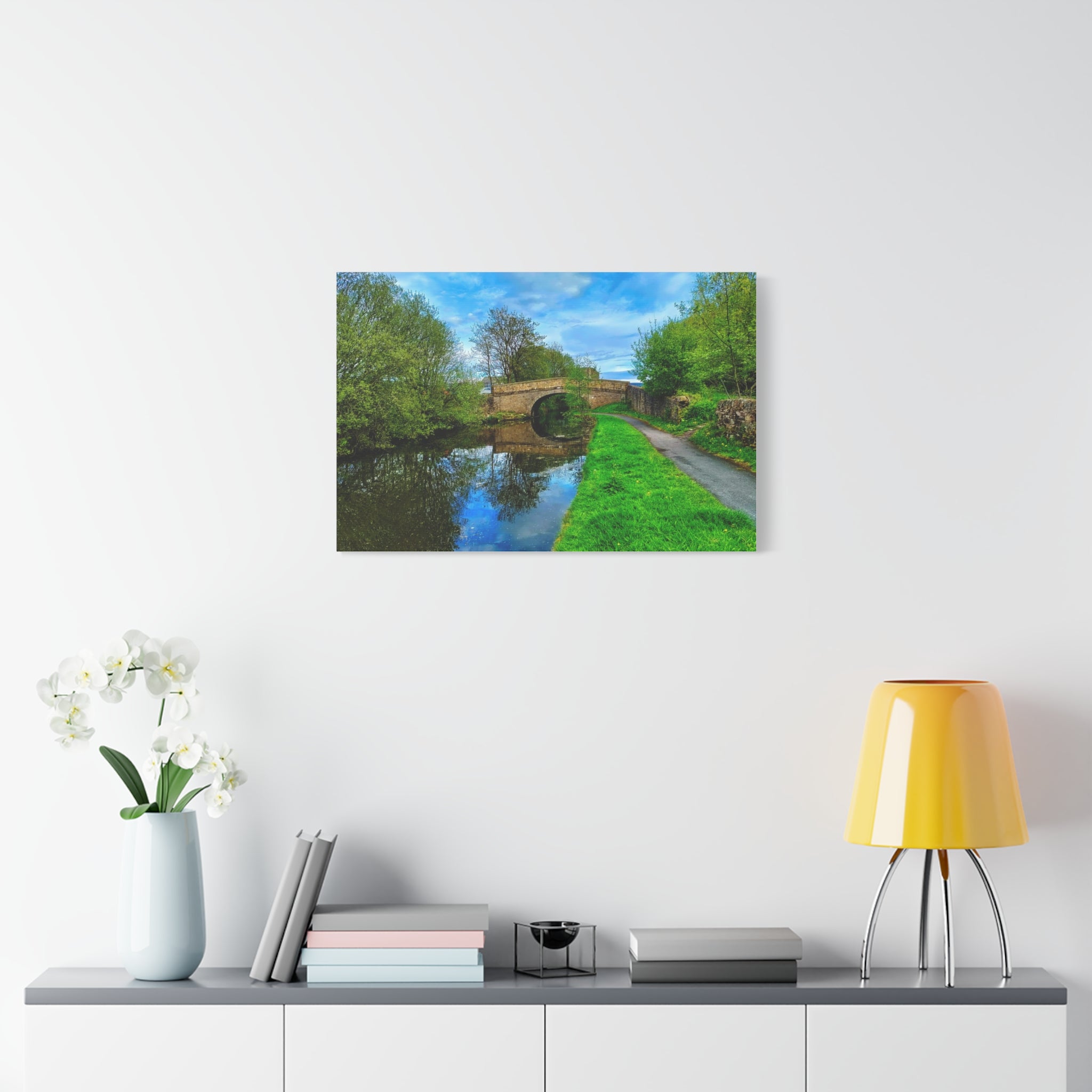 Countryside Canal Bridge Canvas Print Tranquil River Path Wall Art