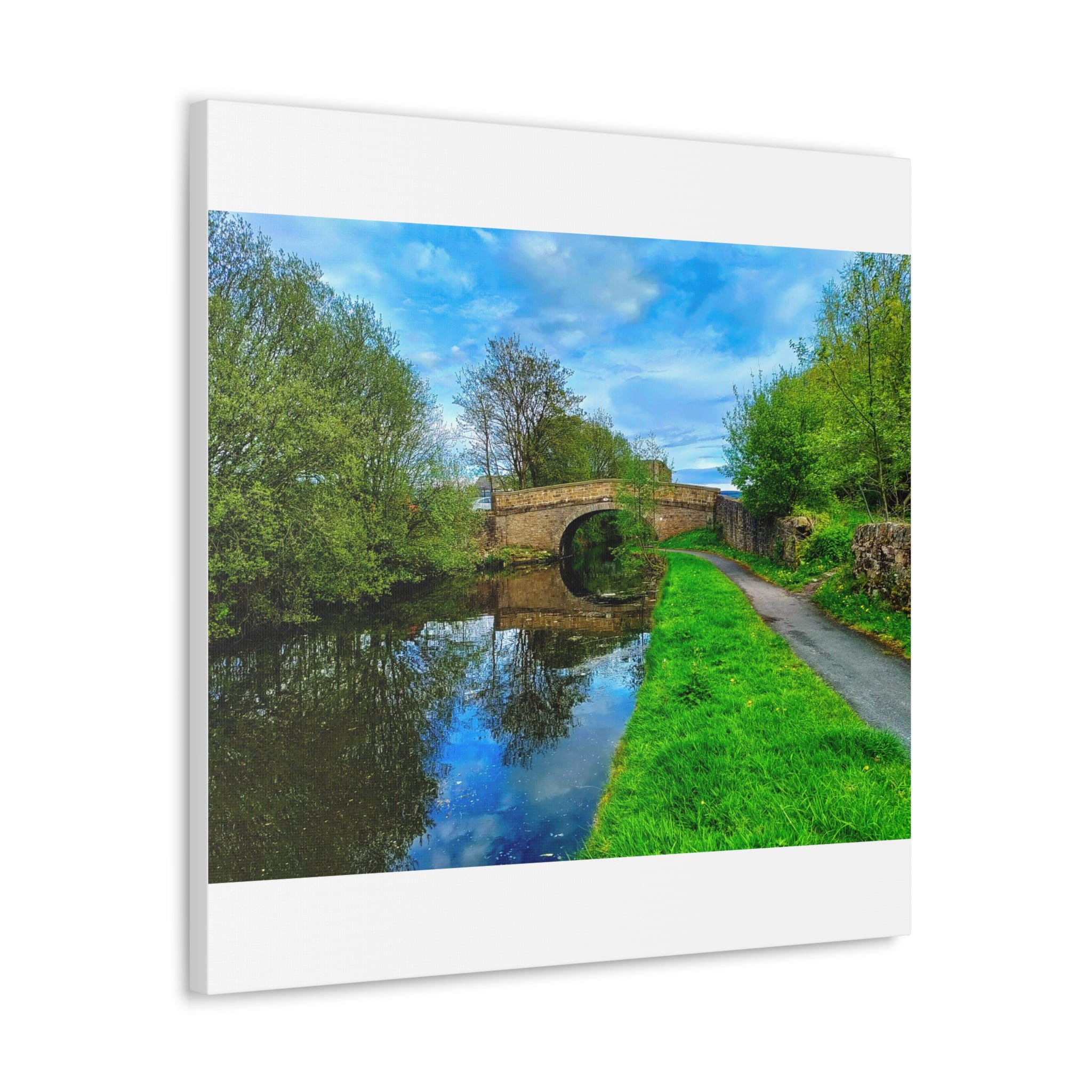 Countryside Canal Bridge Canvas Print Tranquil River Path Wall Art