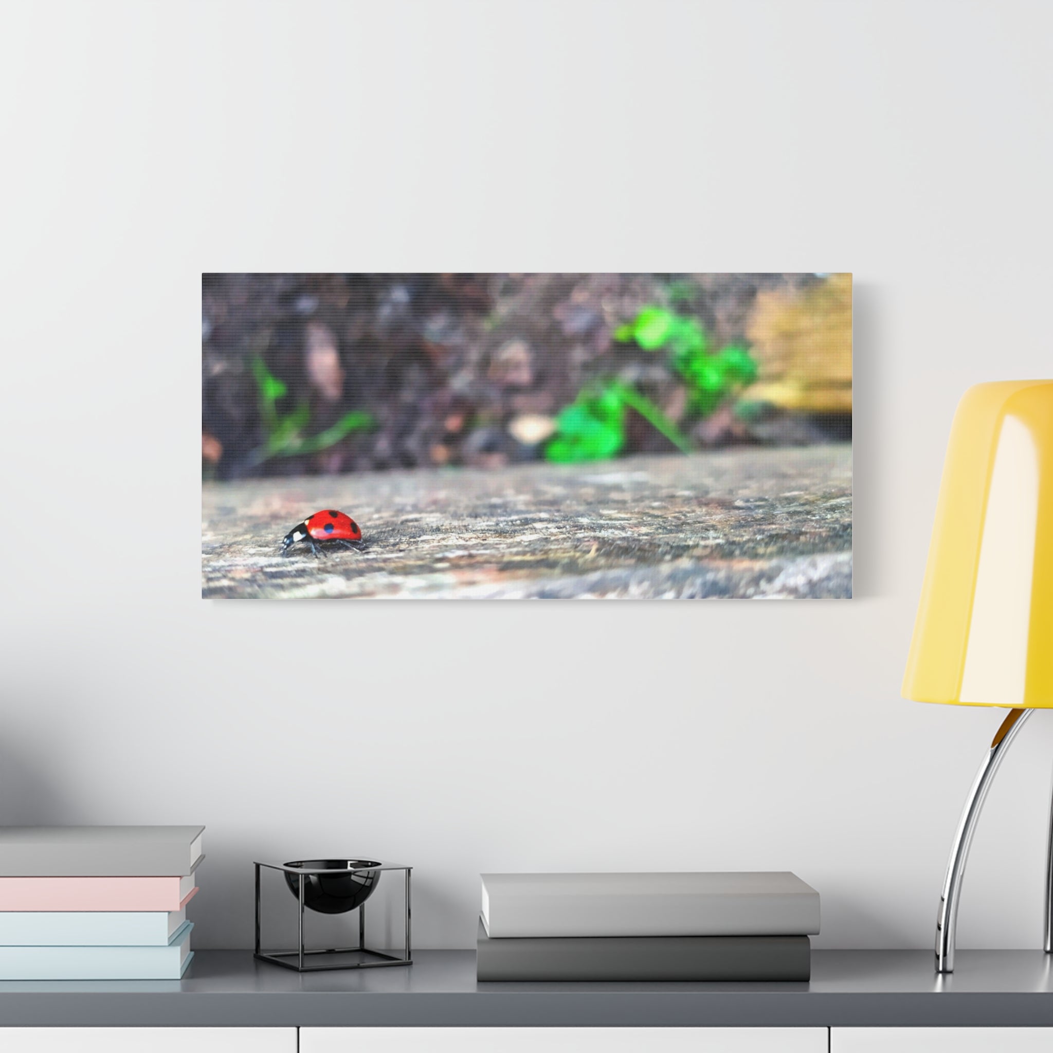 Ladybug on Weathered Wood Canvas Wall Art — Nature Macro Photography Print