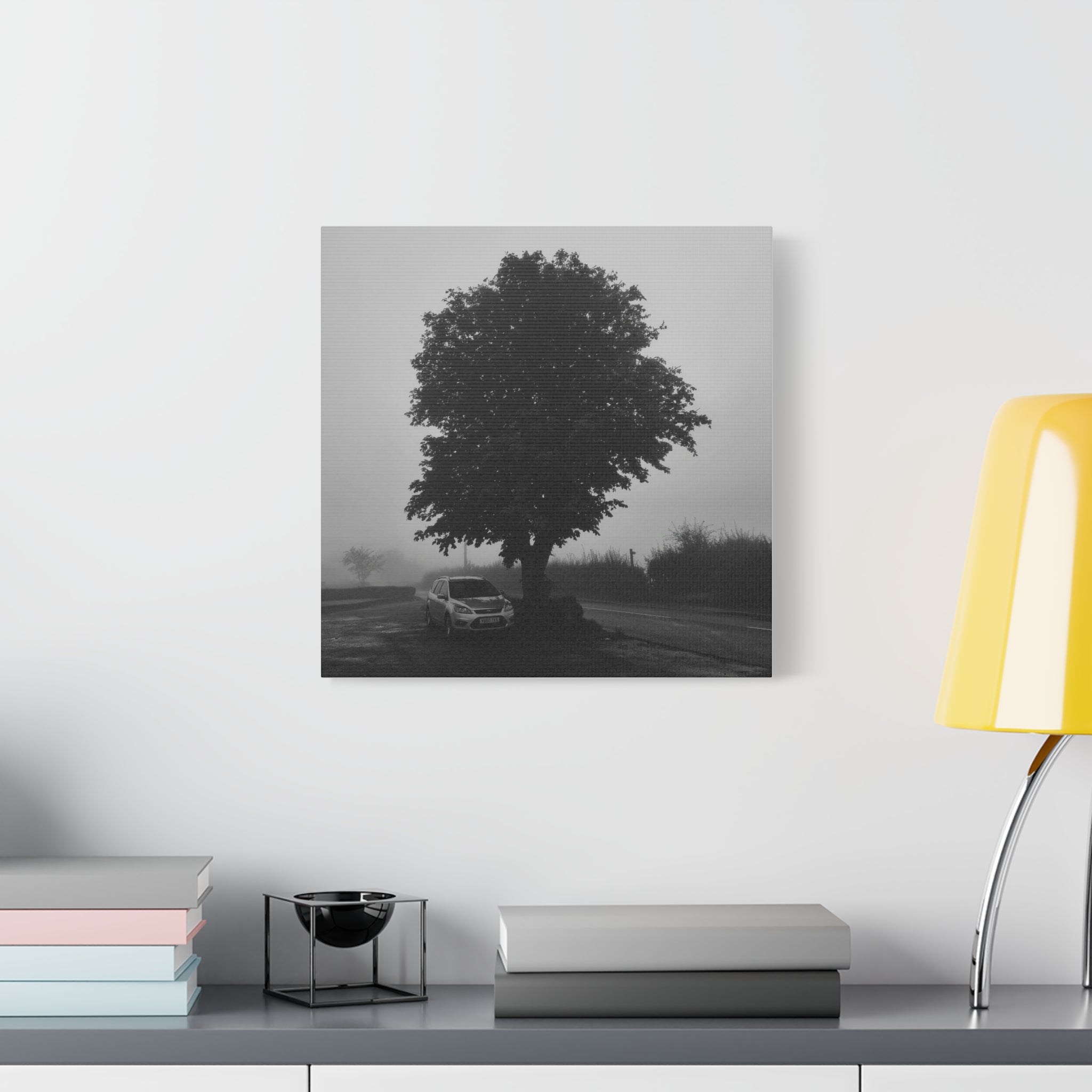 Black & White Foggy Tree Canvas Print — Moody Monochrome Wall Art