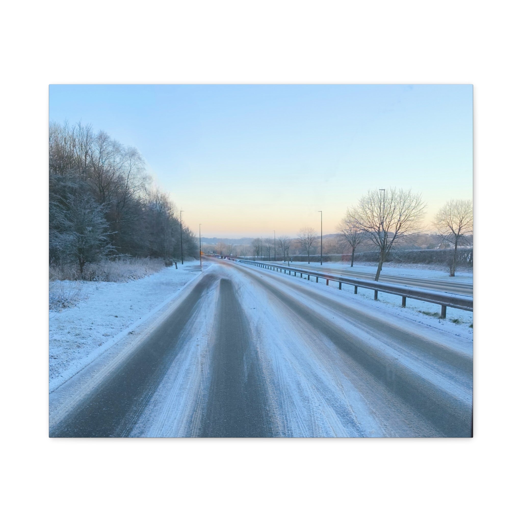 Winter Road Canvas Print Snowy Sunrise Stretched Matte Wall Art