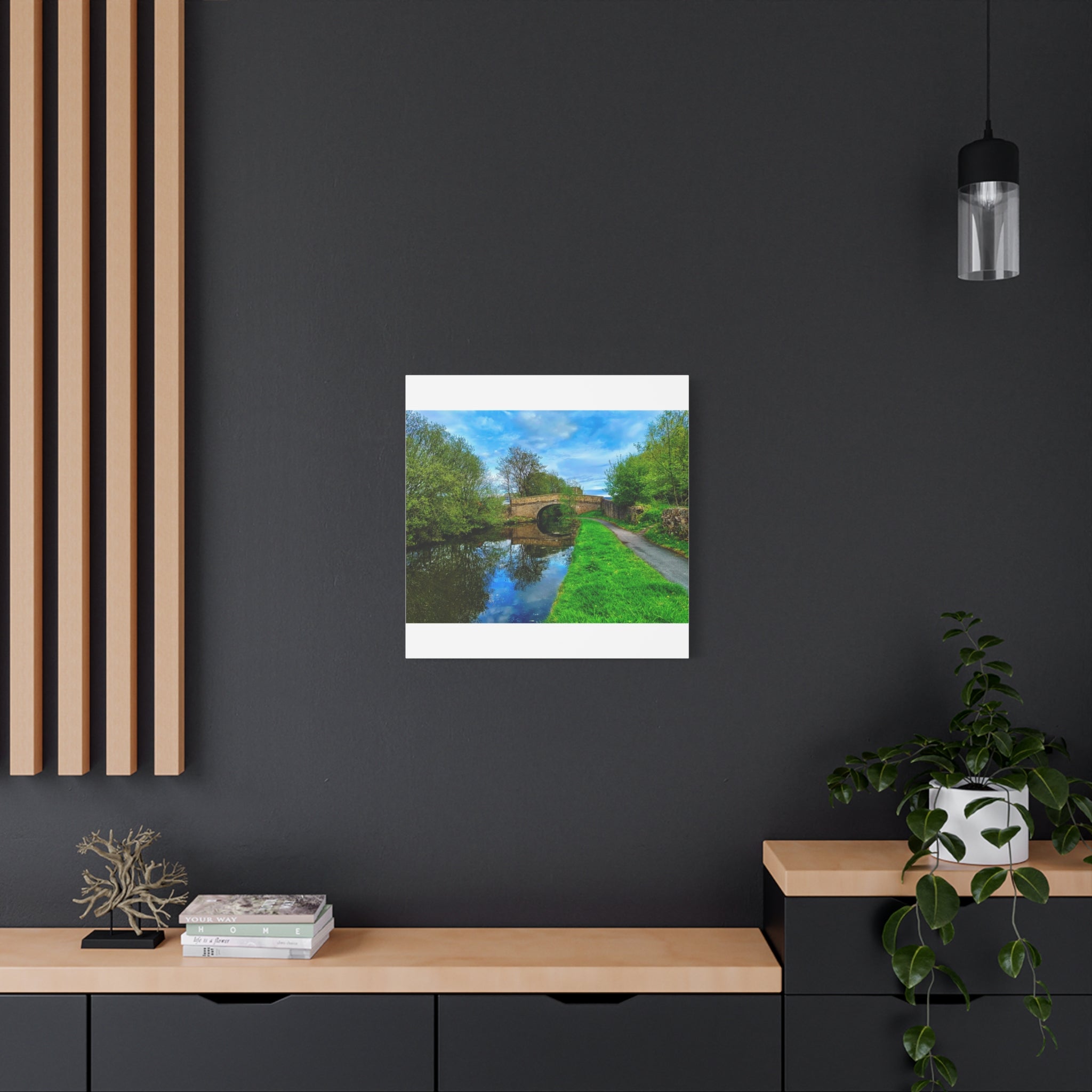 Countryside Canal Bridge Canvas Print Tranquil River Path Wall Art