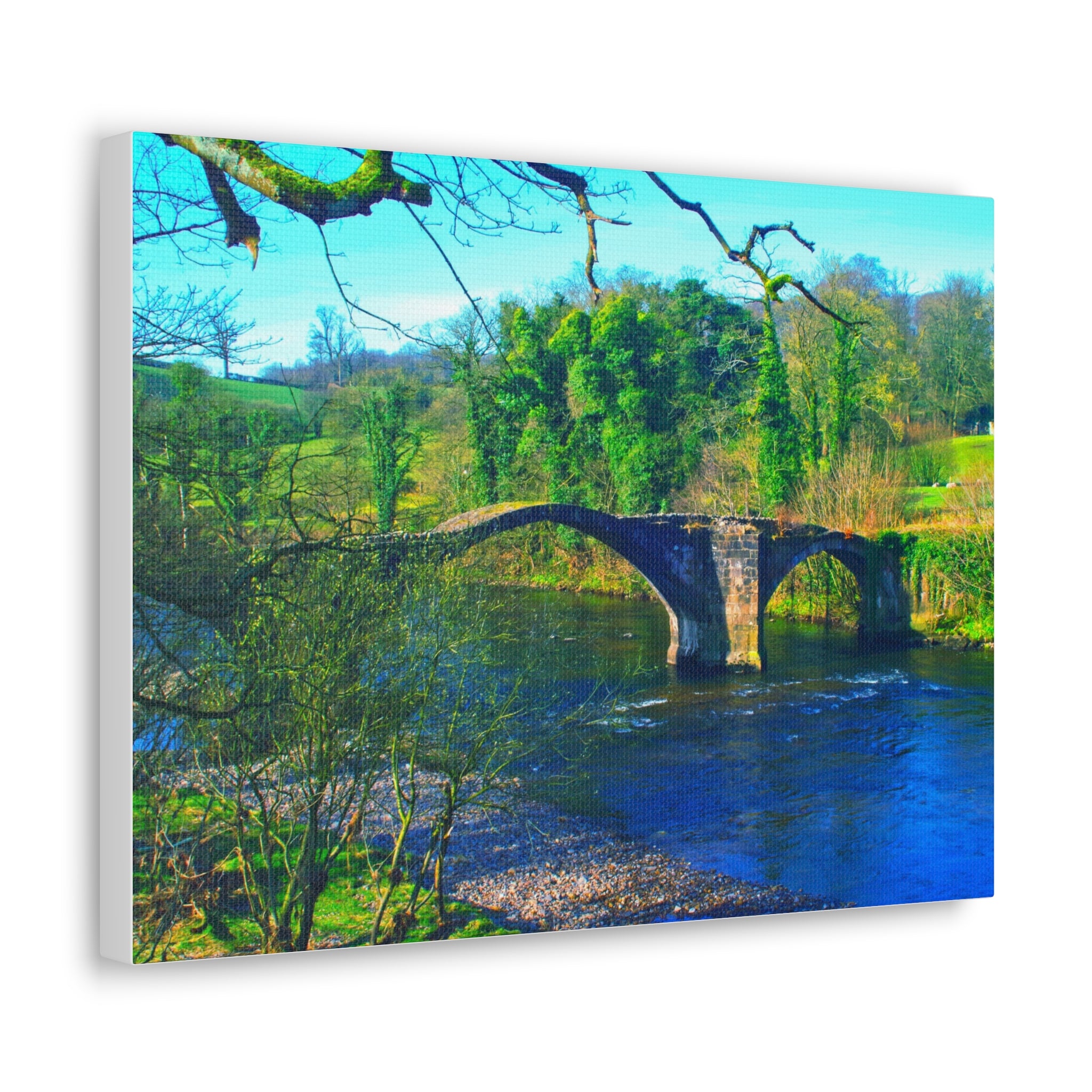 Scenic Stone Bridge Canvas Wall Art — River Landscape Print