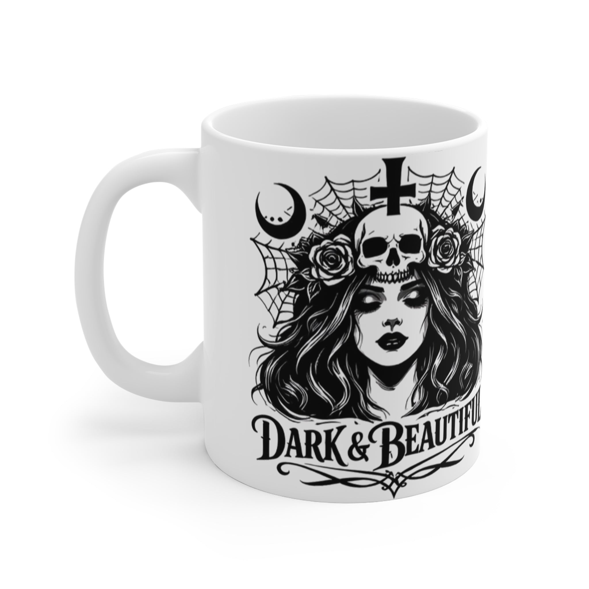 Dark & Beautiful Gothic Skull Woman Coffee Mug Halloween Witchy Moon Design