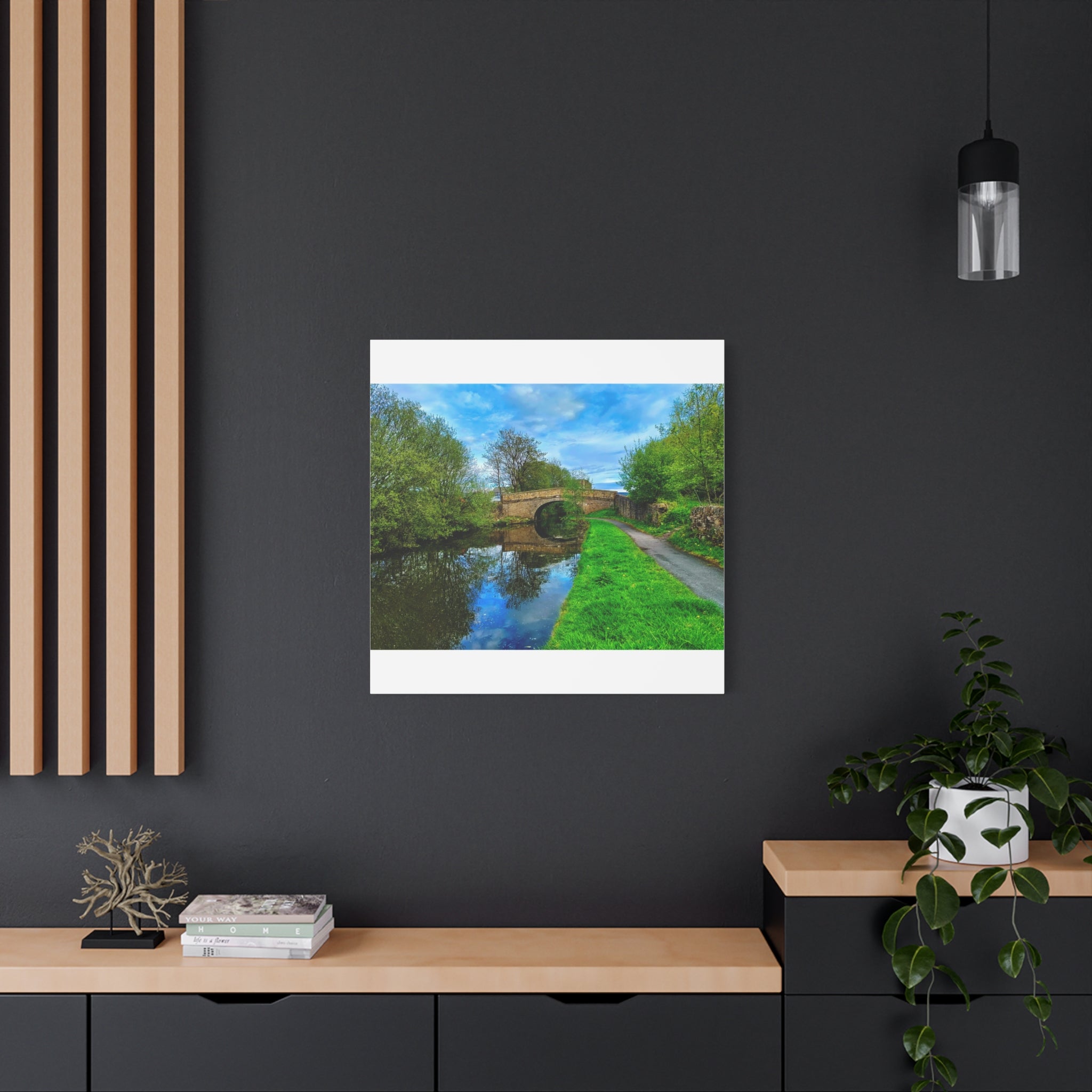 Countryside Canal Bridge Canvas Print Tranquil River Path Wall Art