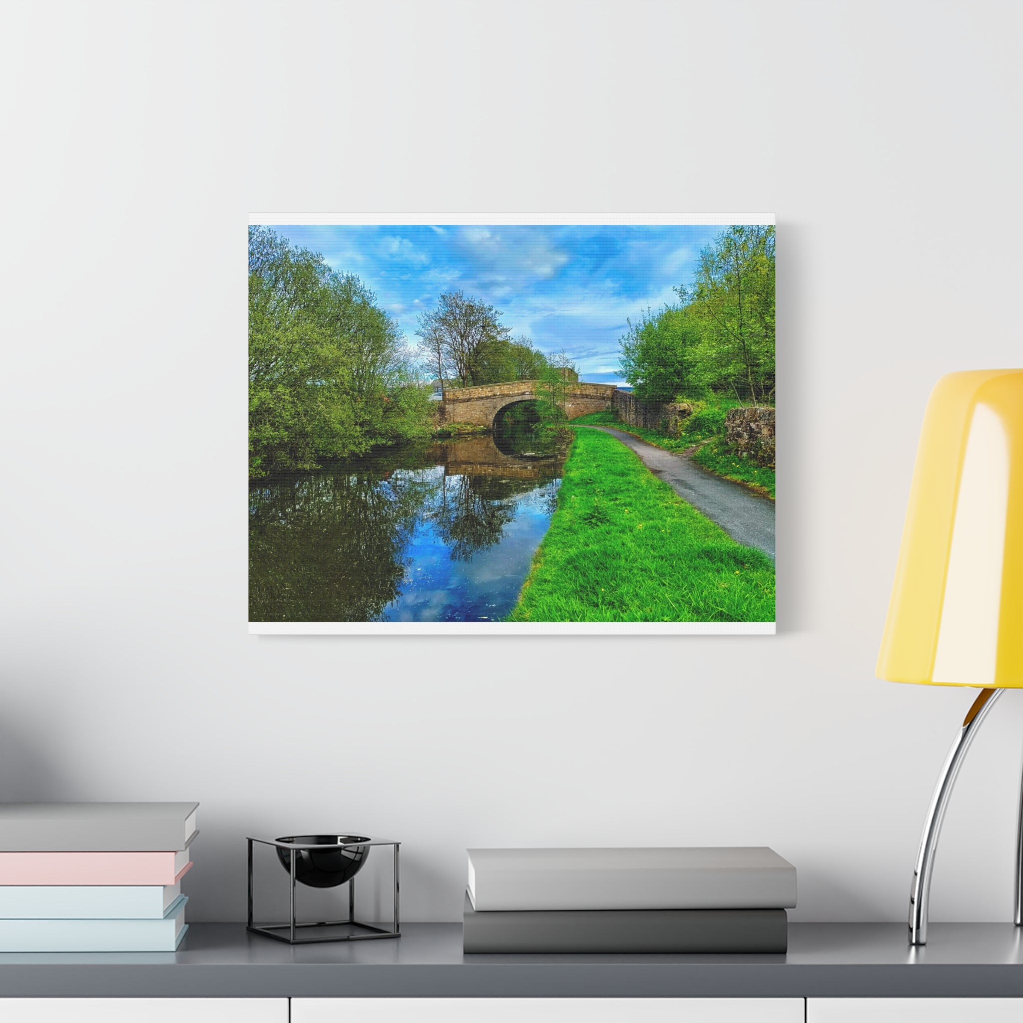Countryside Canal Bridge Canvas Print Tranquil River Path Wall Art