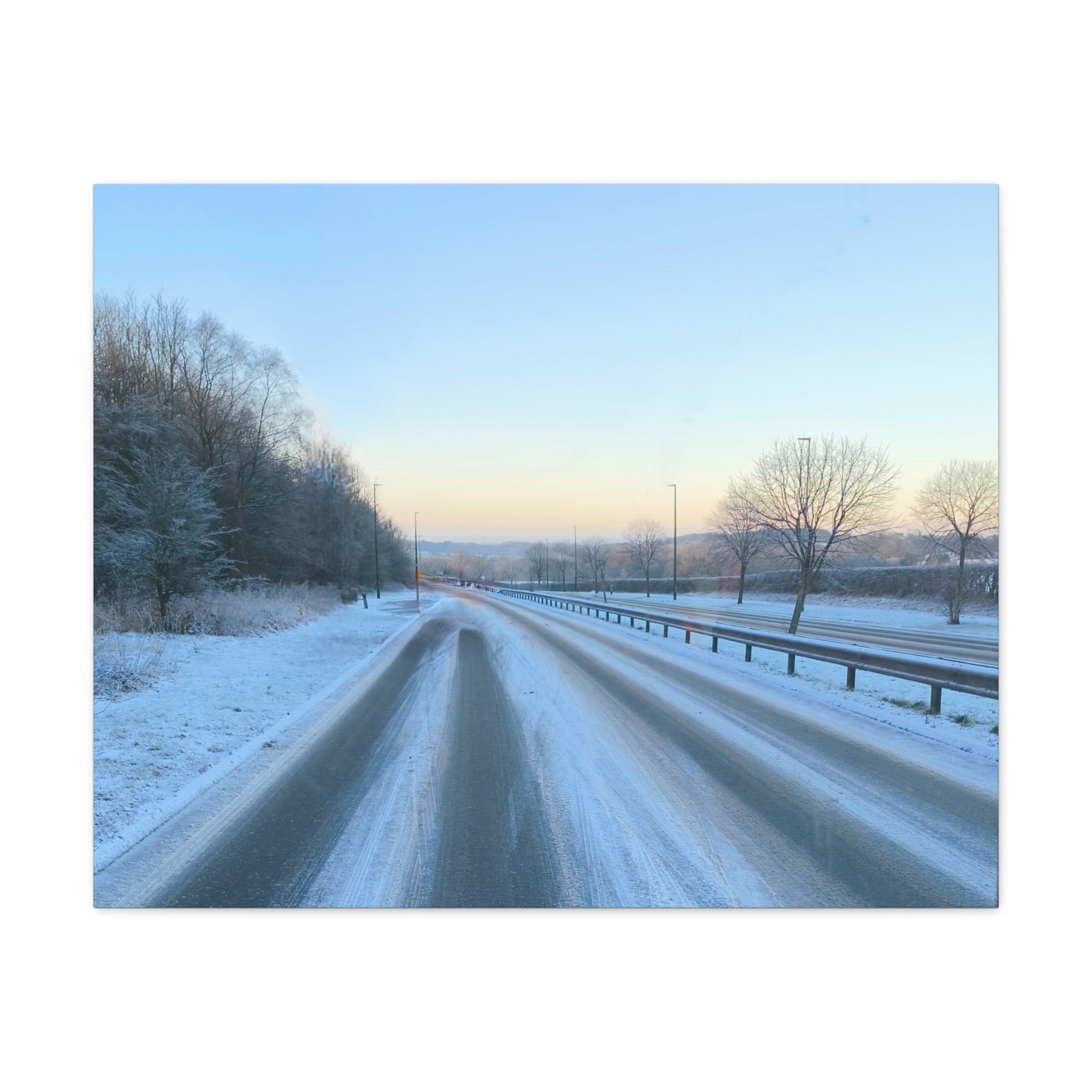 Winter Road Canvas Print Snowy Sunrise Stretched Matte Wall Art