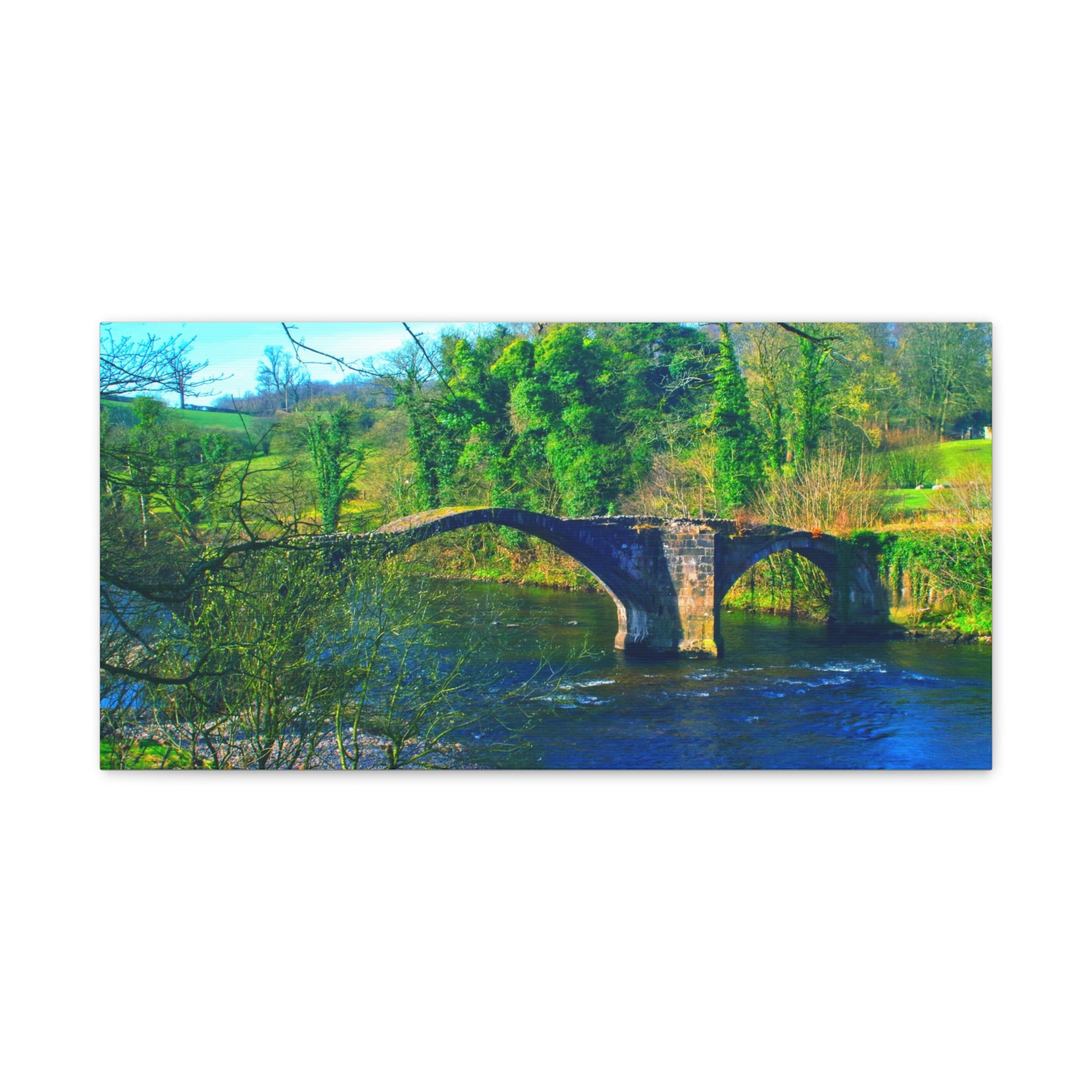 Scenic Stone Bridge Canvas Wall Art — River Landscape Print