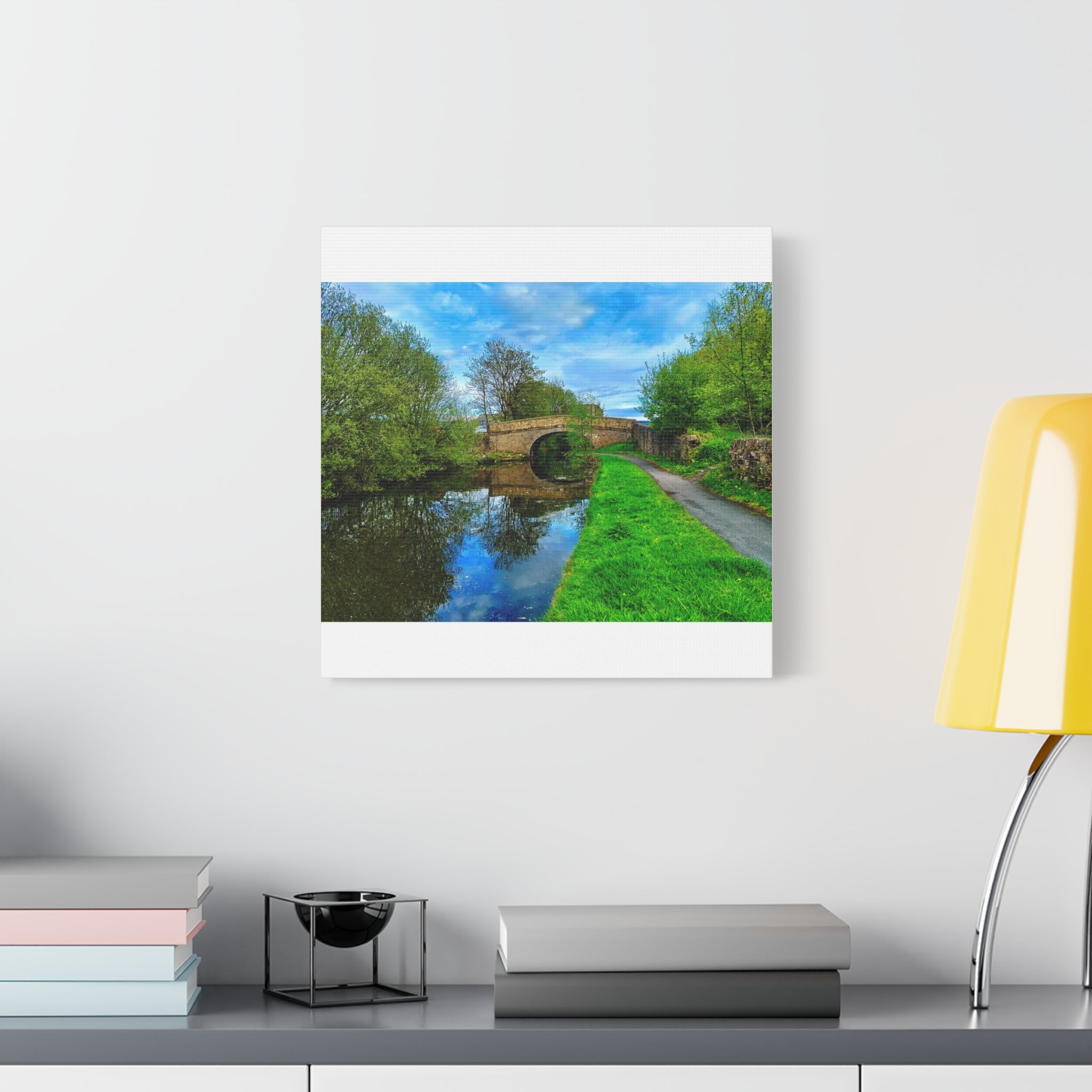 Countryside Canal Bridge Canvas Print Tranquil River Path Wall Art