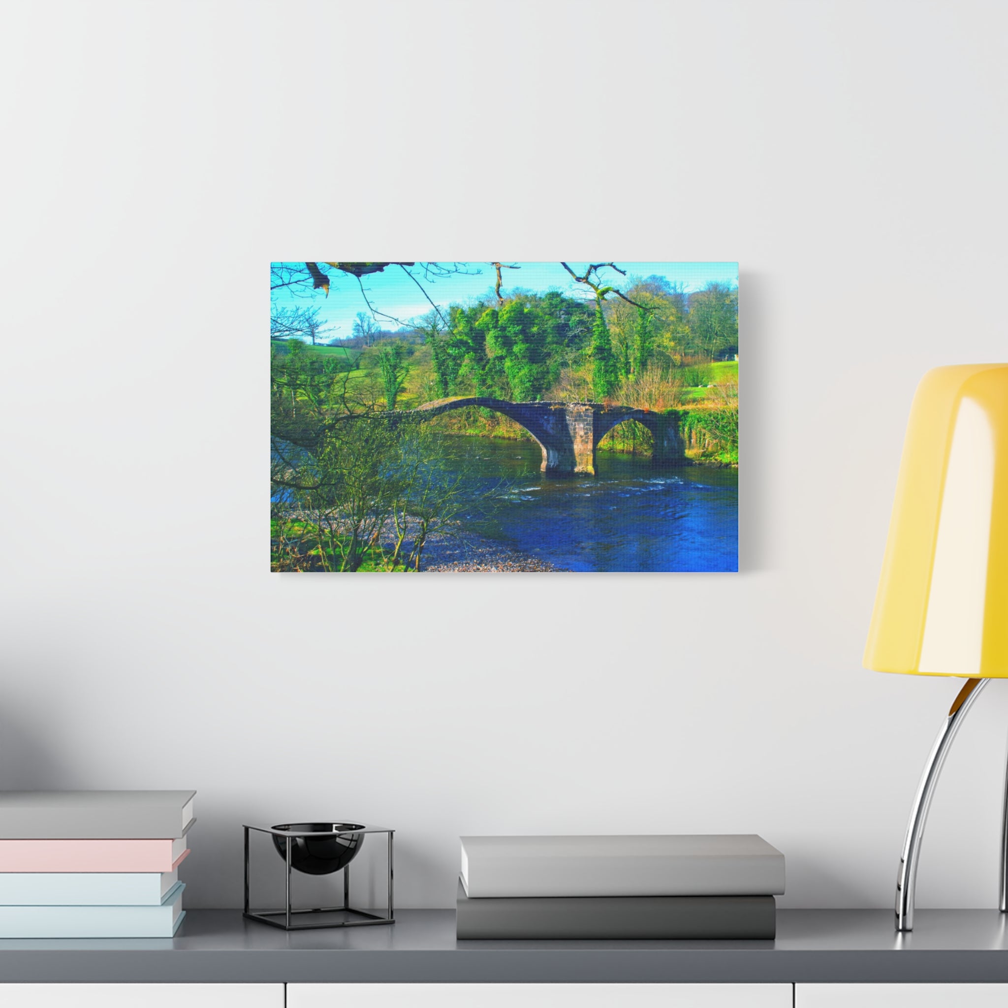 Scenic Stone Bridge Canvas Wall Art — River Landscape Print