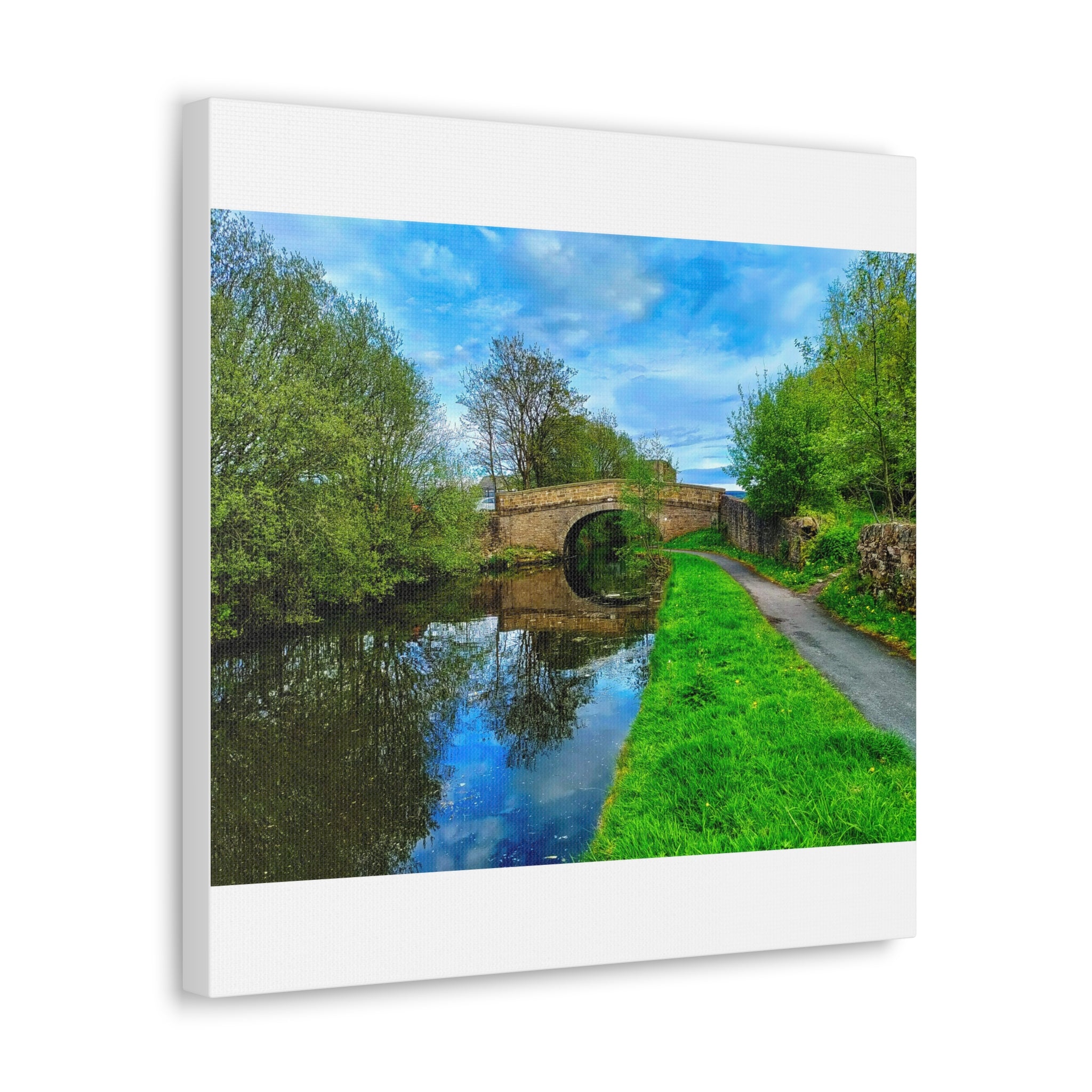 Countryside Canal Bridge Canvas Print Tranquil River Path Wall Art