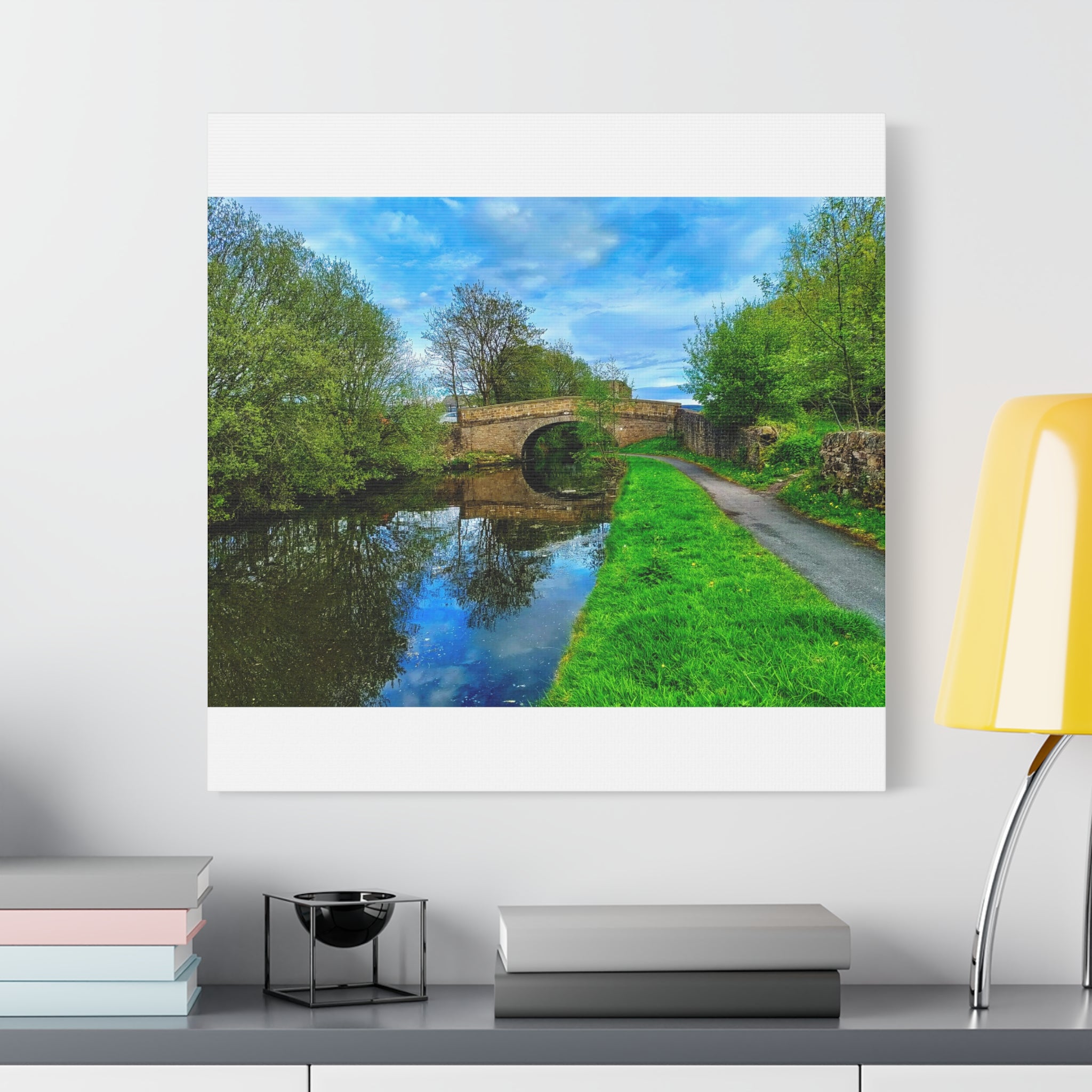 Countryside Canal Bridge Canvas Print Tranquil River Path Wall Art