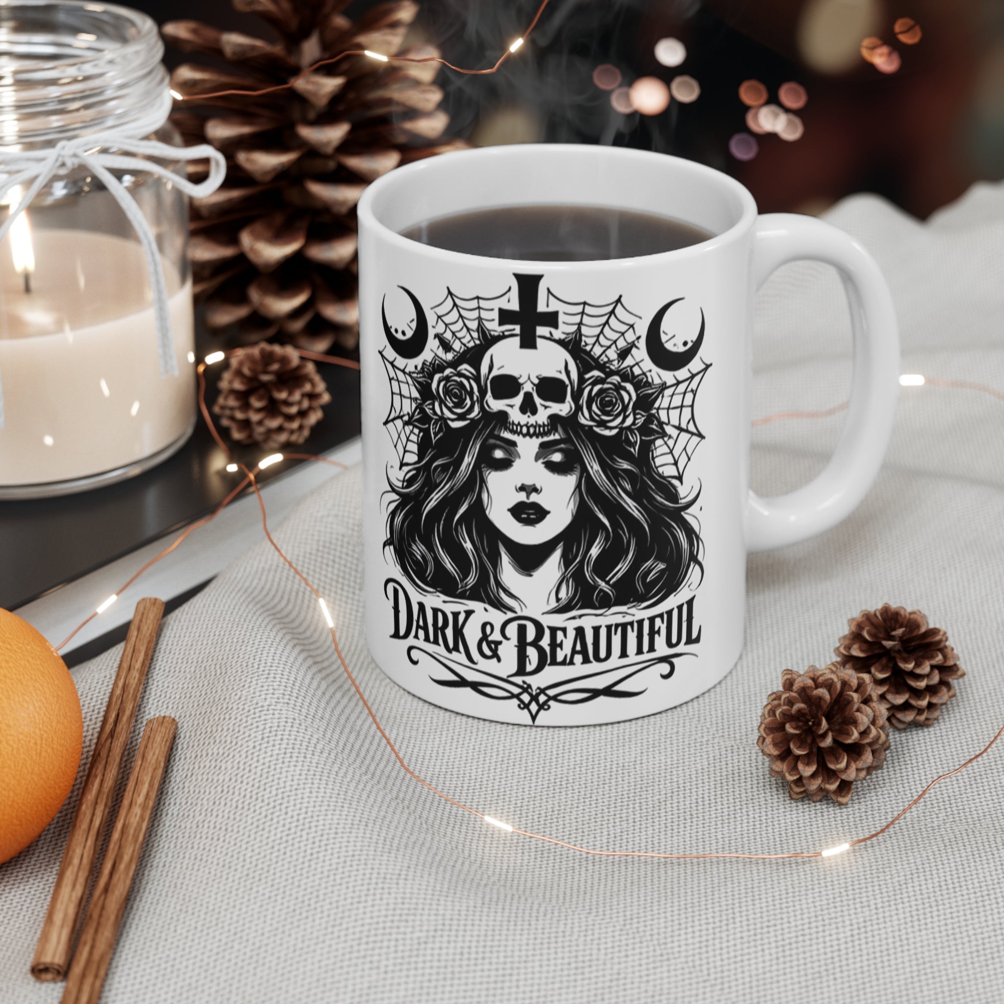 Dark & Beautiful Gothic Skull Woman Coffee Mug Halloween Witchy Moon Design